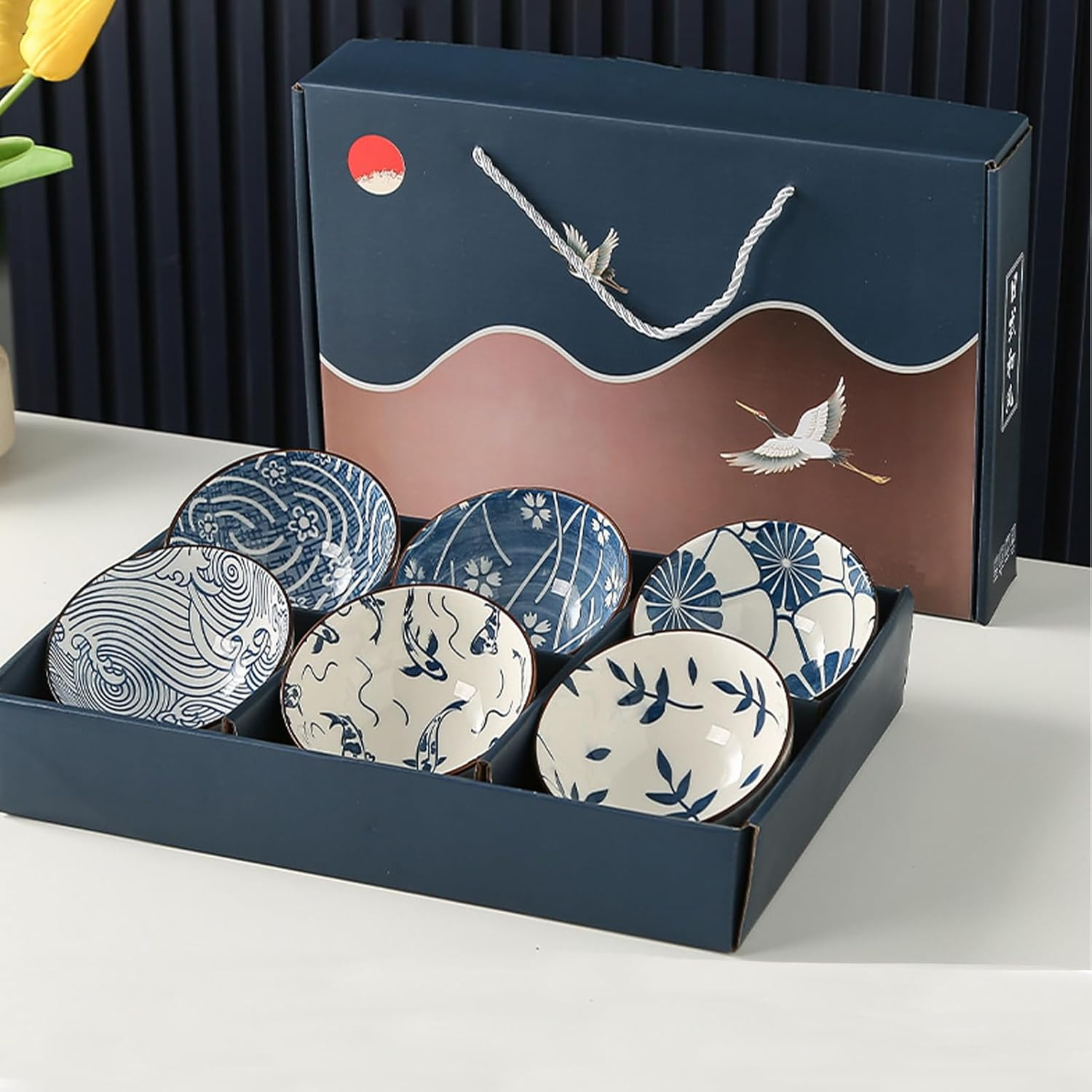 6Pcs Japanese Ceramic Rice Bowls,Blue and White Dipping Bowls Soy Sauce Dish Small Ceramic Bowls Ideal for Sauces Snacks and Party Food Unique Floral Design Kitchen Tableware,300Ml/10 Oz image number 1