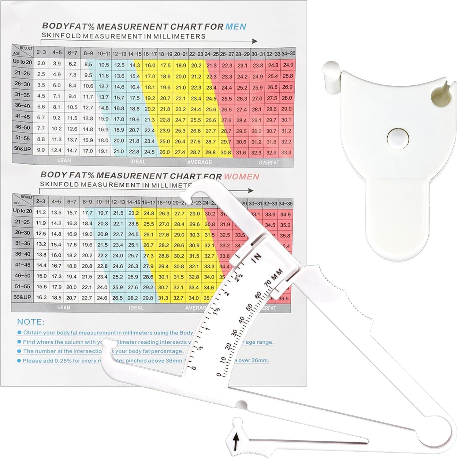2 PCS Body Fat Caliper and Measuring Tape Sets for Body, Skinfold Calipers and Body Fat Tape Measure Tool for Accurately Measuring BMI Skin Fold Fitness and Weight-Loss, 2025 Upgraded Design (White) image number 5