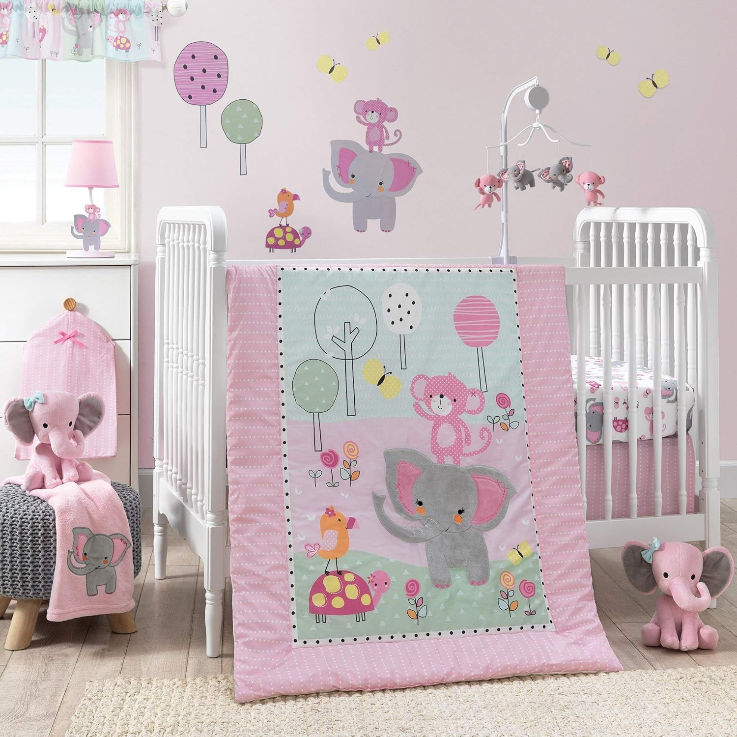 Bedtime Originals Twinkle Toes Jungle Elephant 3 Piece Bedding Set, Pink/White image number 4
