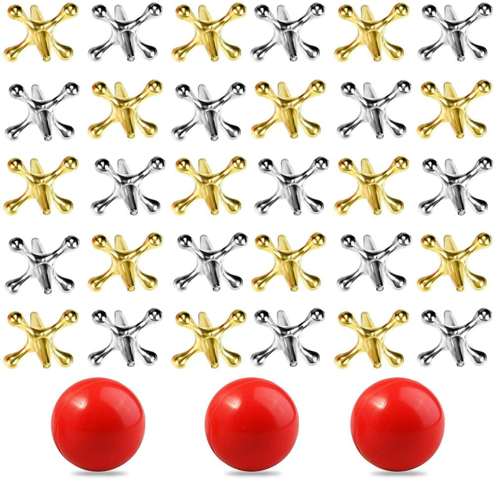 3 Sets Retro Metal Jacks and Ball Game Kit - 3 Pcs Red Rubber Balls & 30 Pcs Gold and Silver Metal Jacks, Classic Game of Jacks for Party Favor, Game Prizes, Kids and Adult image number 5