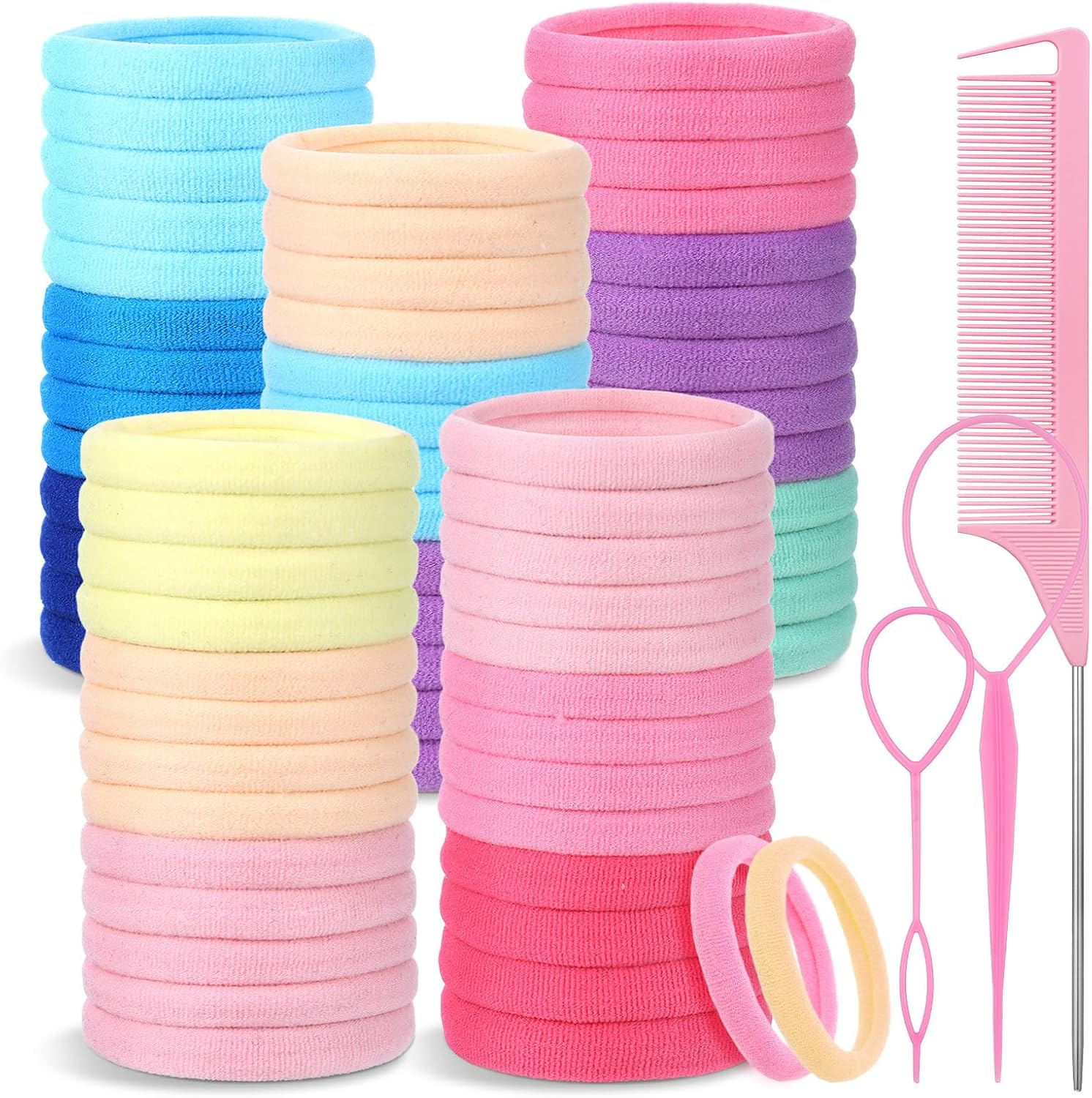 Aurorayer Pack of 100 Girls Hair Bobbles, 4.3 Cm Large Seamless Colourful Elastic Hair Bobbles for Women with Comb for Girls, Women'S Hair image number 4