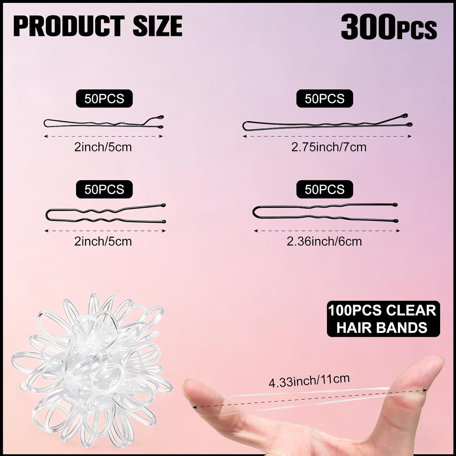 Pack of 200 Hair Pins, Bobby Pins, Black, Hair Clips, Hair Pins for Women, Ladies, Girls, Hair Accessories, Bun Pins, for Hair Accessories, with 100 Pieces Invisible Clear Hair Bands (Black) image number 1