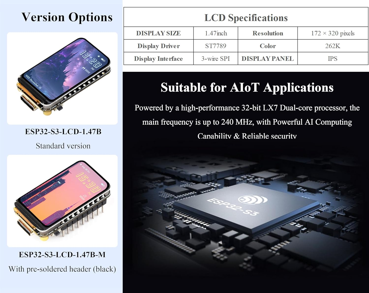ESP32-S3 1.47Inch LCD IPS Display Development Board, 172X320 Resolution, 262K Display Color, 240Mhz LX7 Dual-Core Processor, Support 2.4Ghz Wi-Fi/Ble 5, ESP32 with Display, with Pre-Soldered Header image number 4