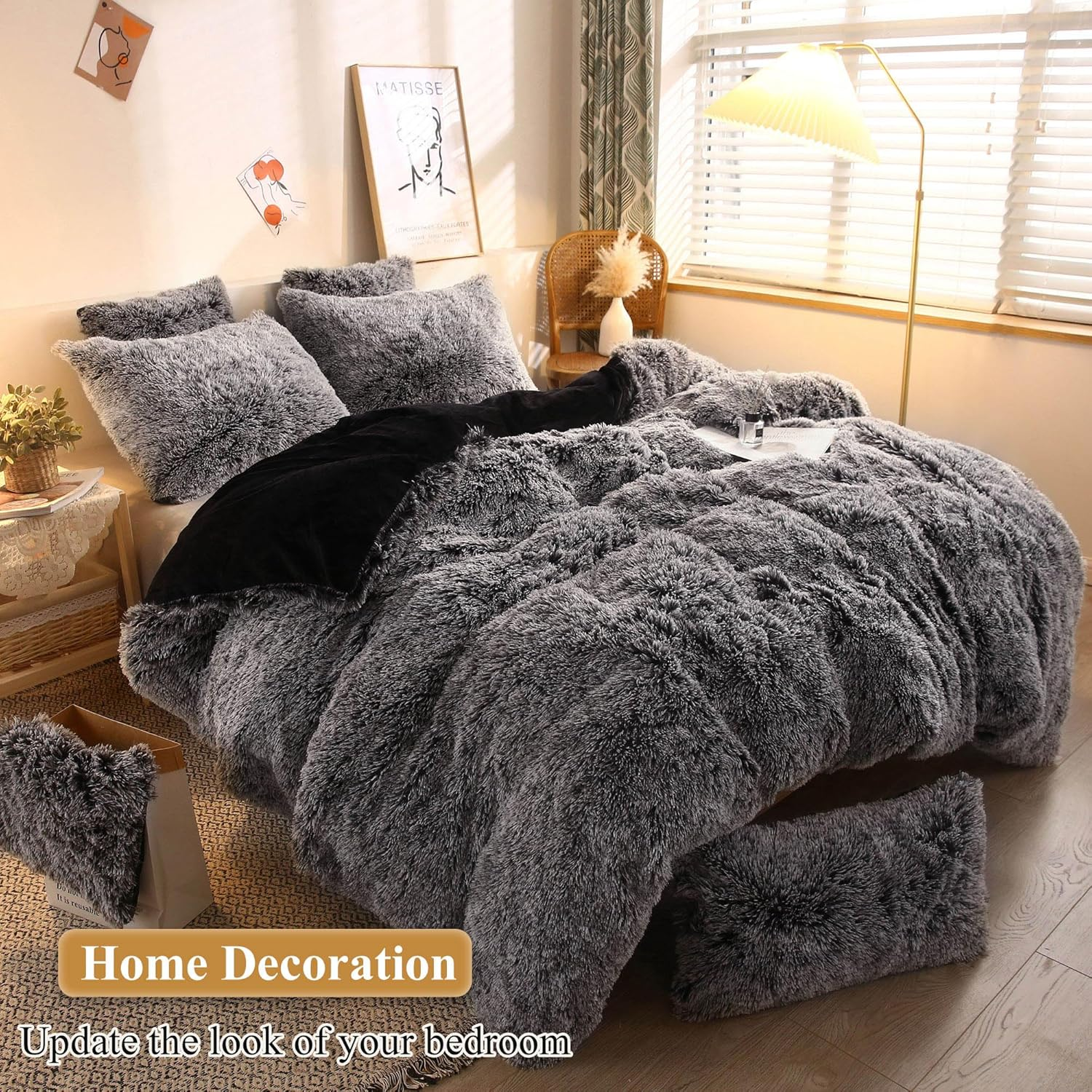 Xege Faux Fur Throw Pillow Cases, Plush Shaggy Ultra Soft Pillow Covers, Fluffy Crystal Velvet Decorative Pillowcases, Furry Fuzzy Pillow Shams Zipper Closure, Set of 2(Standard, Black Ombre) image number 3