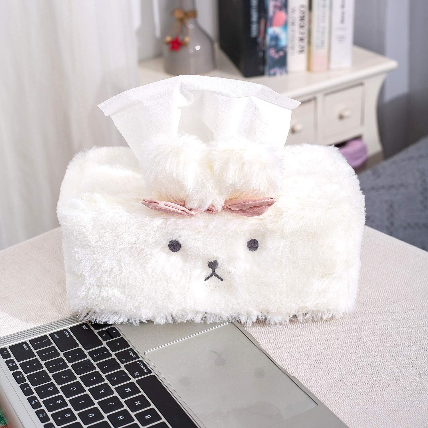 SQUISHY DOT Cute Tissue Box Cover, Tissue Box Cover, Tissue Holder Decorative, Fluffy Plush Cover, Office Desk, Bedroom/ Living Room and Car Accessories, Bunny Rabbit Tissue Box Cover, Kawaii Plush image number 1