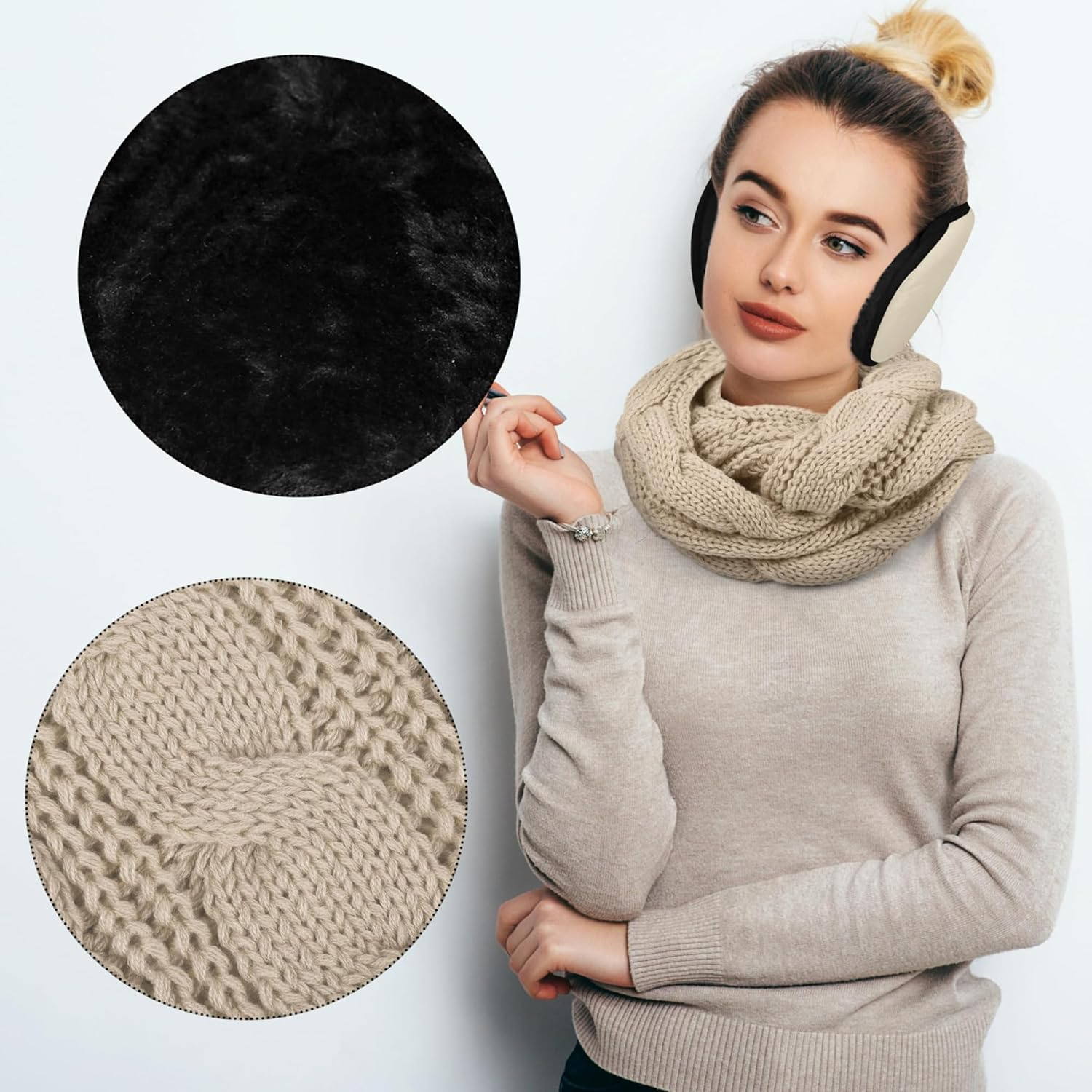 Aneco Winter Warm Sets Knitted Scarf Beanie Hat Touch Screen Gloves and Winter Ear Warmer for Men or Women - Beige image number 5