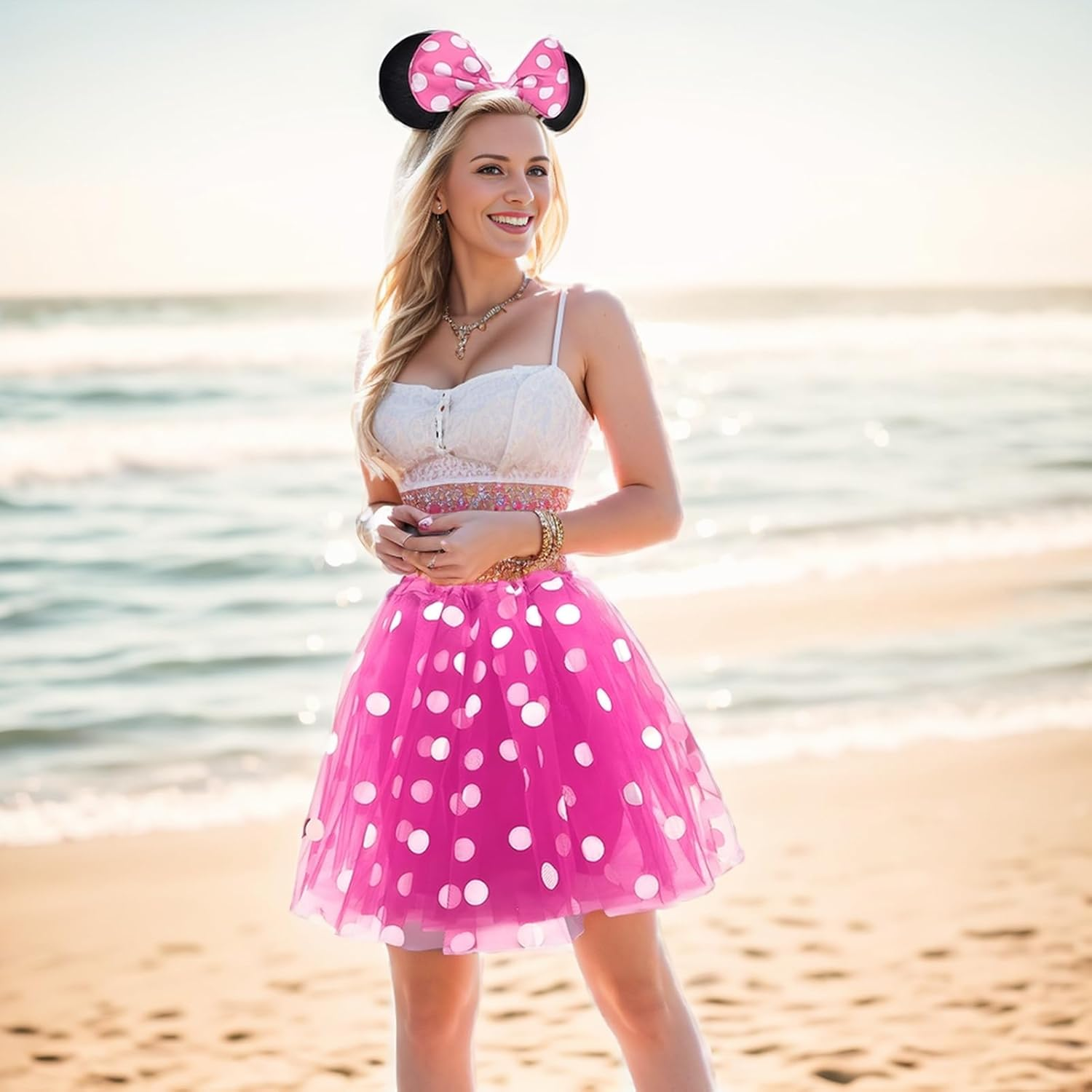 Minnie Mouse Costume Kit Women Girls, Pink Minne Polka Dots Tutu Dress Mouse Ear Headband Christmas Halloween Fancy Dress for Adult Kids image number 3
