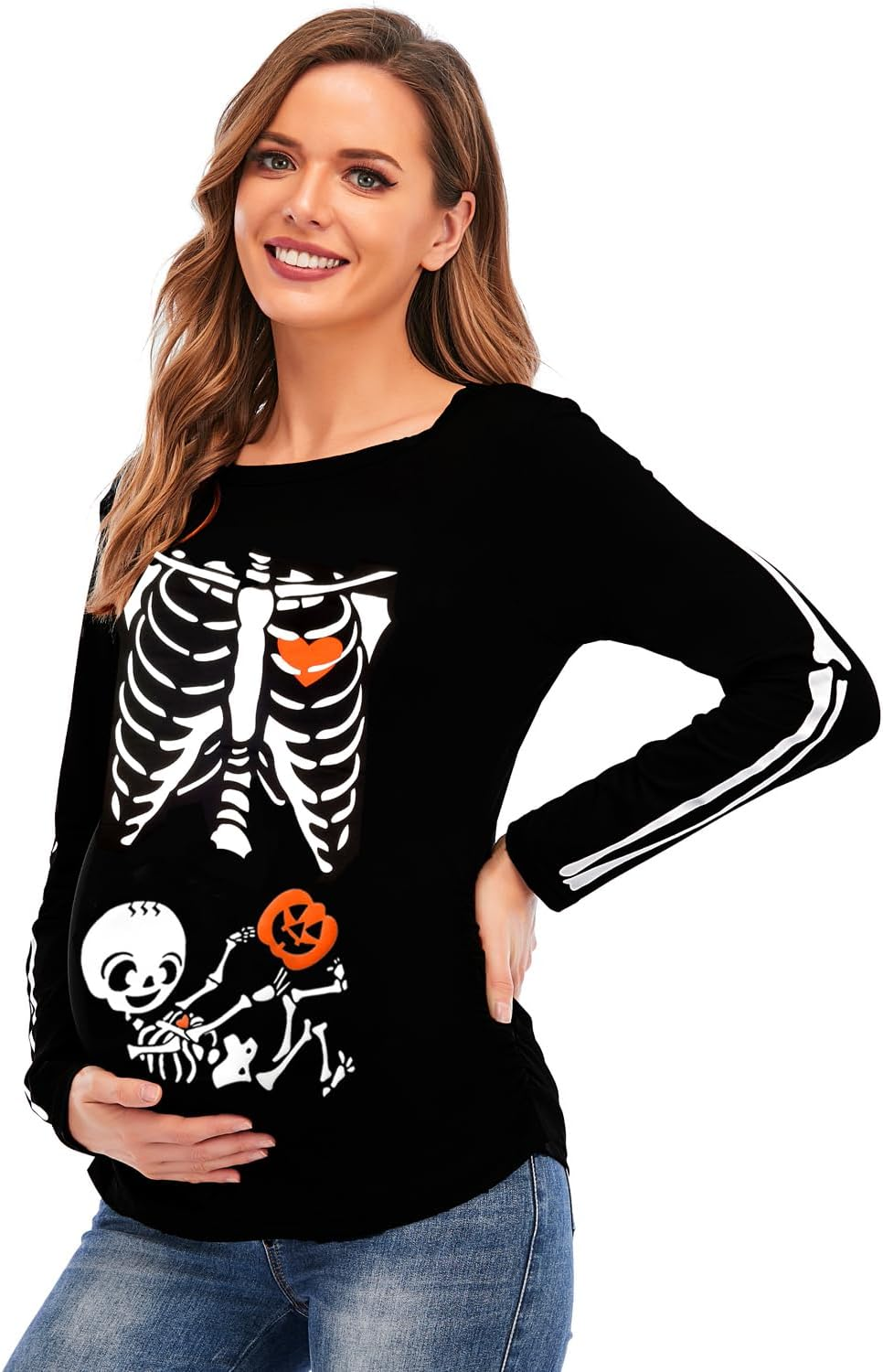 DDSOL Women Halloween Skeleton Maternity Shirt Long Sleeve Pumpkin Skeleton Baby Pregnancy Tops image number 1