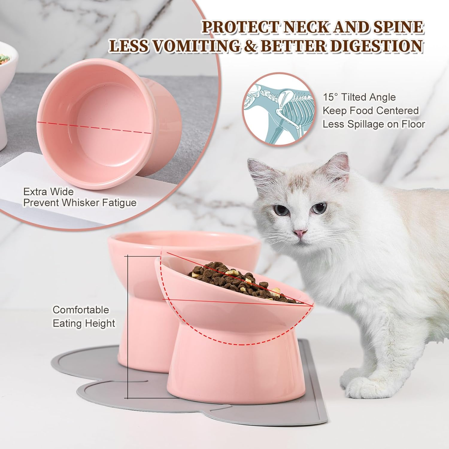 Cat Food Water Bowl Set - Raised Ceramic Cat Feeding Bowls with Non Slip Mat - Elevated Cat Dishes anti Vomiting - Extra Wide Large Cat Bowl Whisker Friendly - Microwave and Dishwasher Safe - 3 Pack image number 1