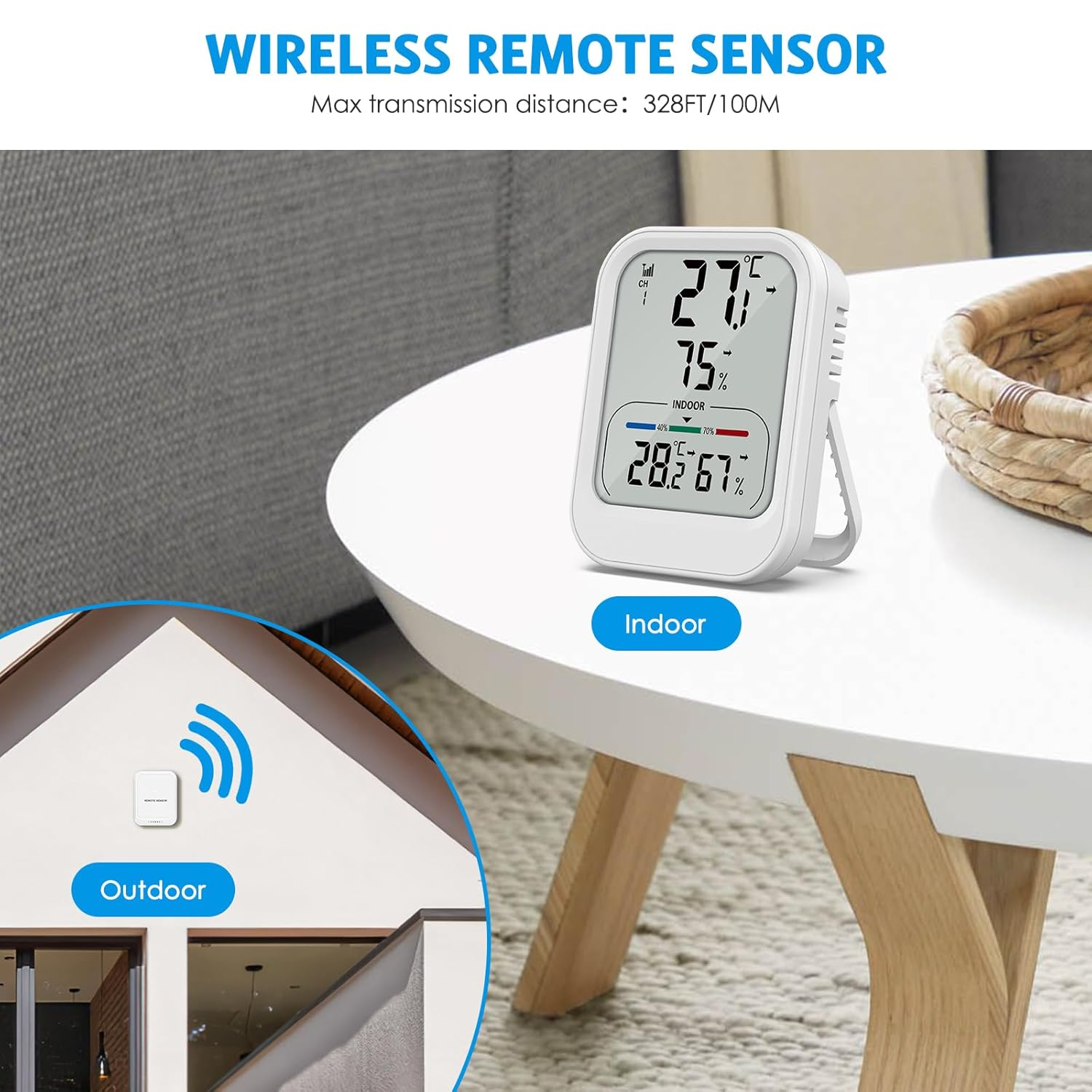 Brifit Digital Room Thermometer Hygrometer, Wireless Indoor Outdoor Thermometer with Sensor, Temperature Humidity Monitor Gauge with LCD Display, &deg;C/&deg;F Switch, MAX/MIN Record, for Home, Greenhouse