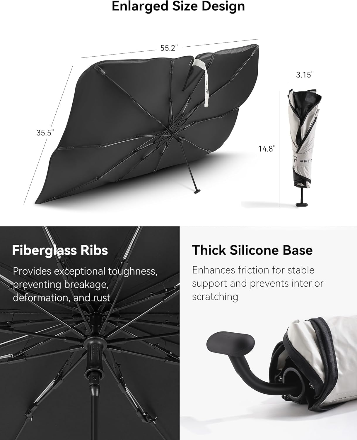 TPARTS Windshield Sunshade Umbrella for Tesla Model 3/Y/S/X, Foldable UV Ray Reflector with Fiberglass Ribs & 360&deg;Rotation Bendable Handle image number 3