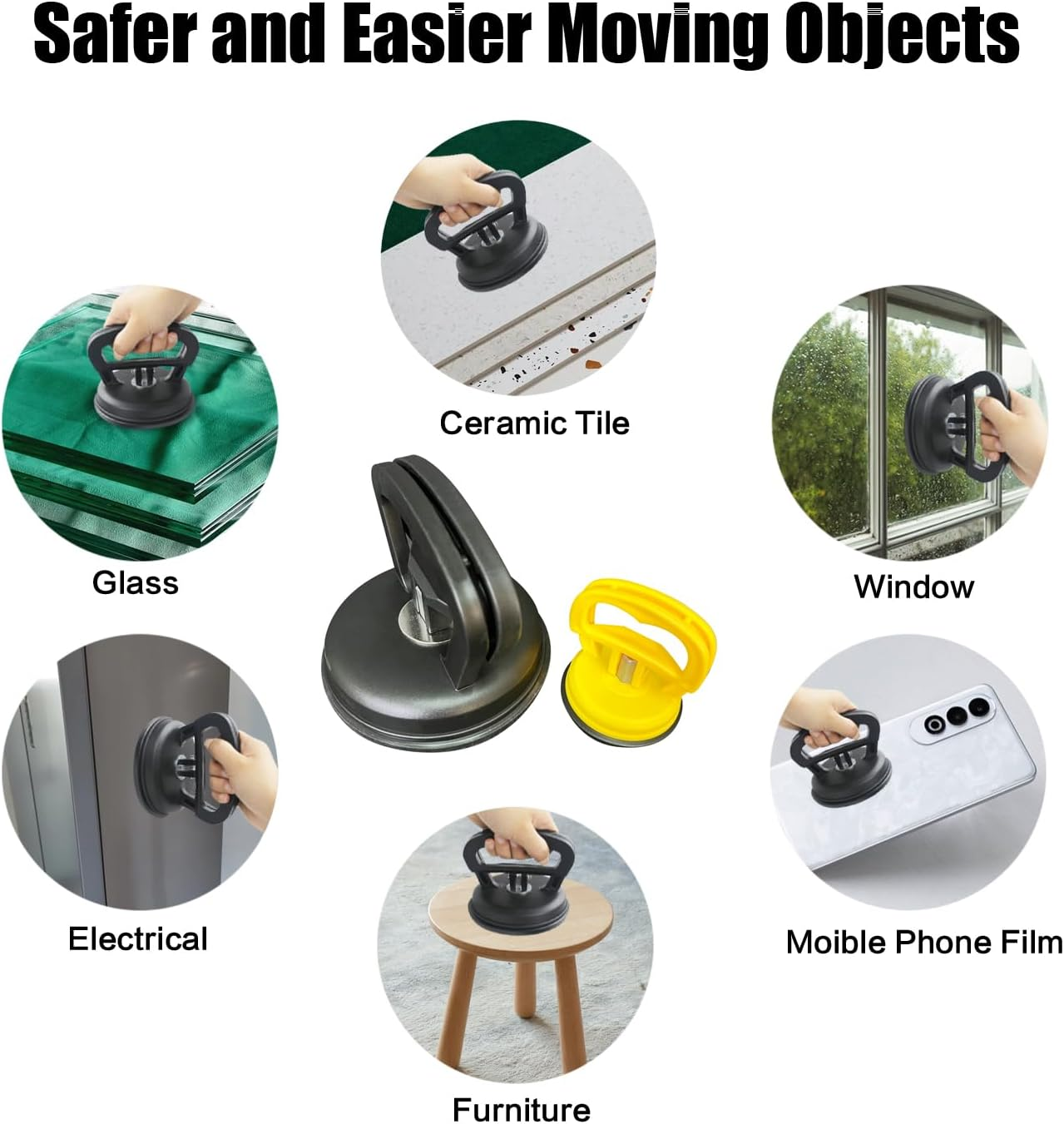 Dent Puller, 2 Pack Car Dent Puller Kit, Large and Small Suction Cup Dent Puller Kit for Car Dent Repair, for Glass Tile Mirror, Granite Lifting and Object Moving,L+S (Black-Yellow) image number 4