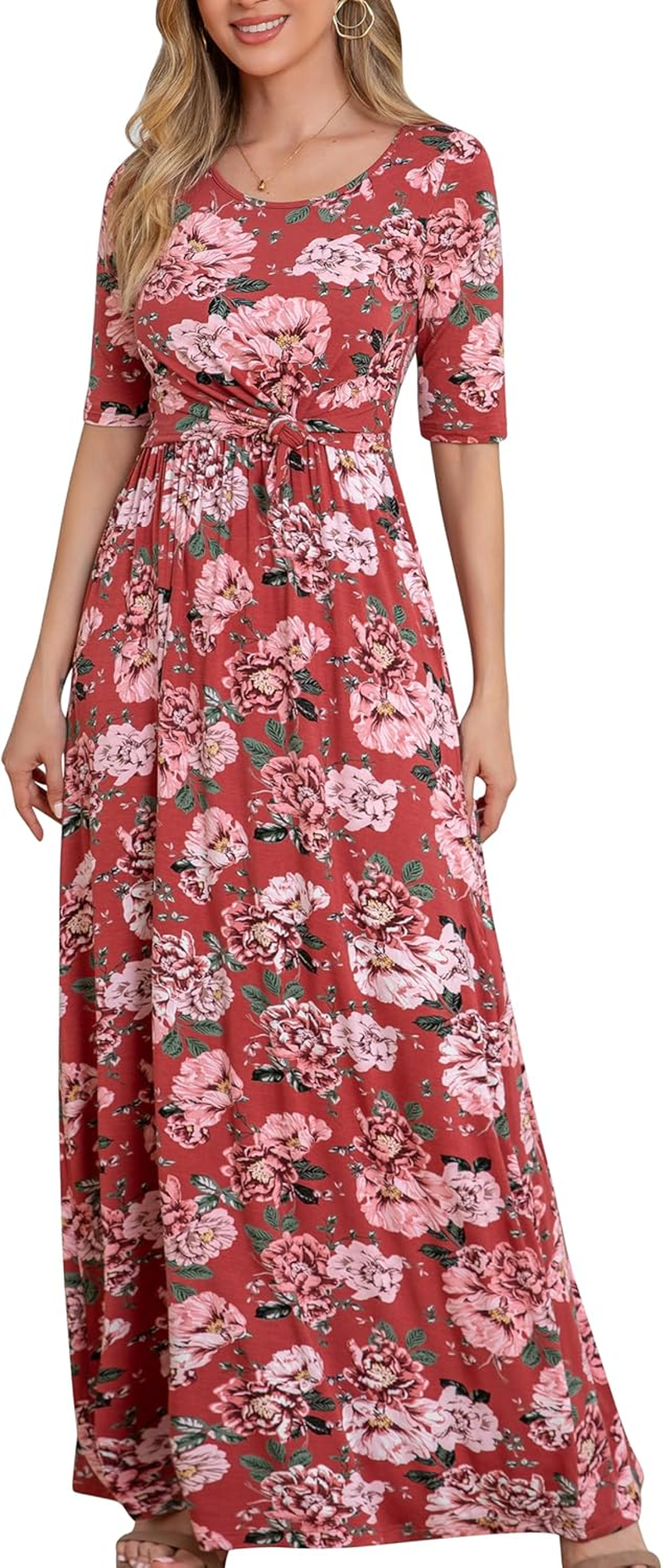 Women'S Maternity Nursing Dresses Front Knot Nursing Maxi Dress for Breastfeeding with Pockets