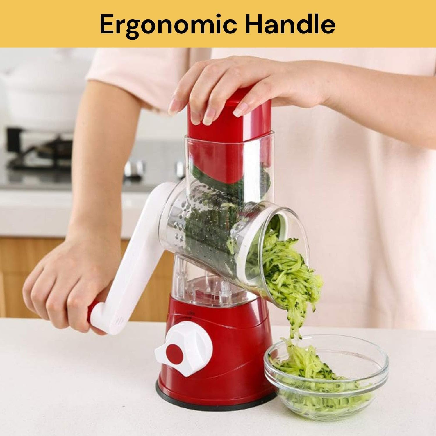 EZONEDEAL Multi-Functional 3 in 1 Vegetable Fruit Cutter Slicer Cheese Shredder, Speedy Rotary Drum Grater Slicer with 3 Stainless Steel Blade Hand-Pedal Chopper (Green) image number 5