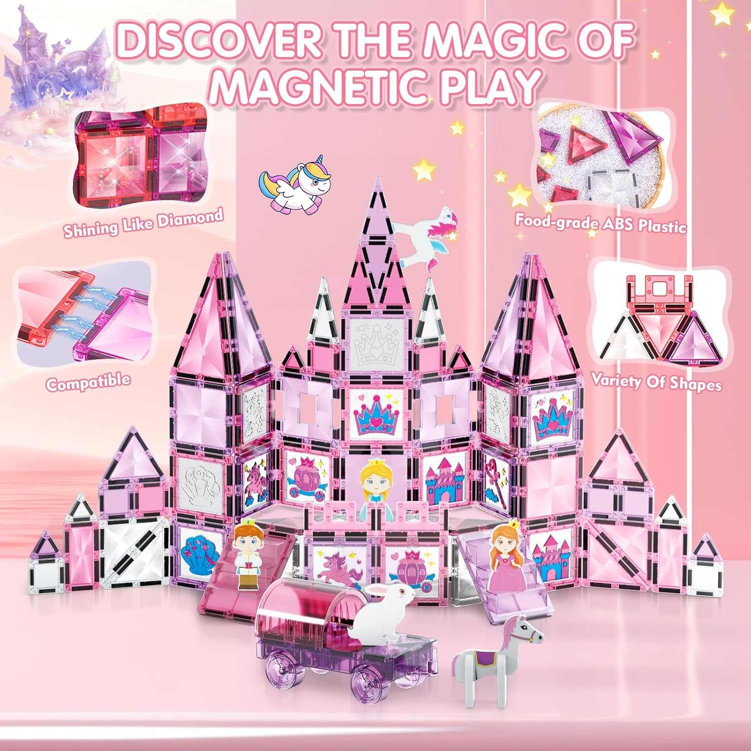 126PCS Magnetic Tiles, Pink Princess Castle Magnetic Tiles Building Blocks, Diamond Magnetic Building Blocks Toys Gifts for Kids Boys Girls 3 4 5 6 7 8 9 10 + Year Old image number 3