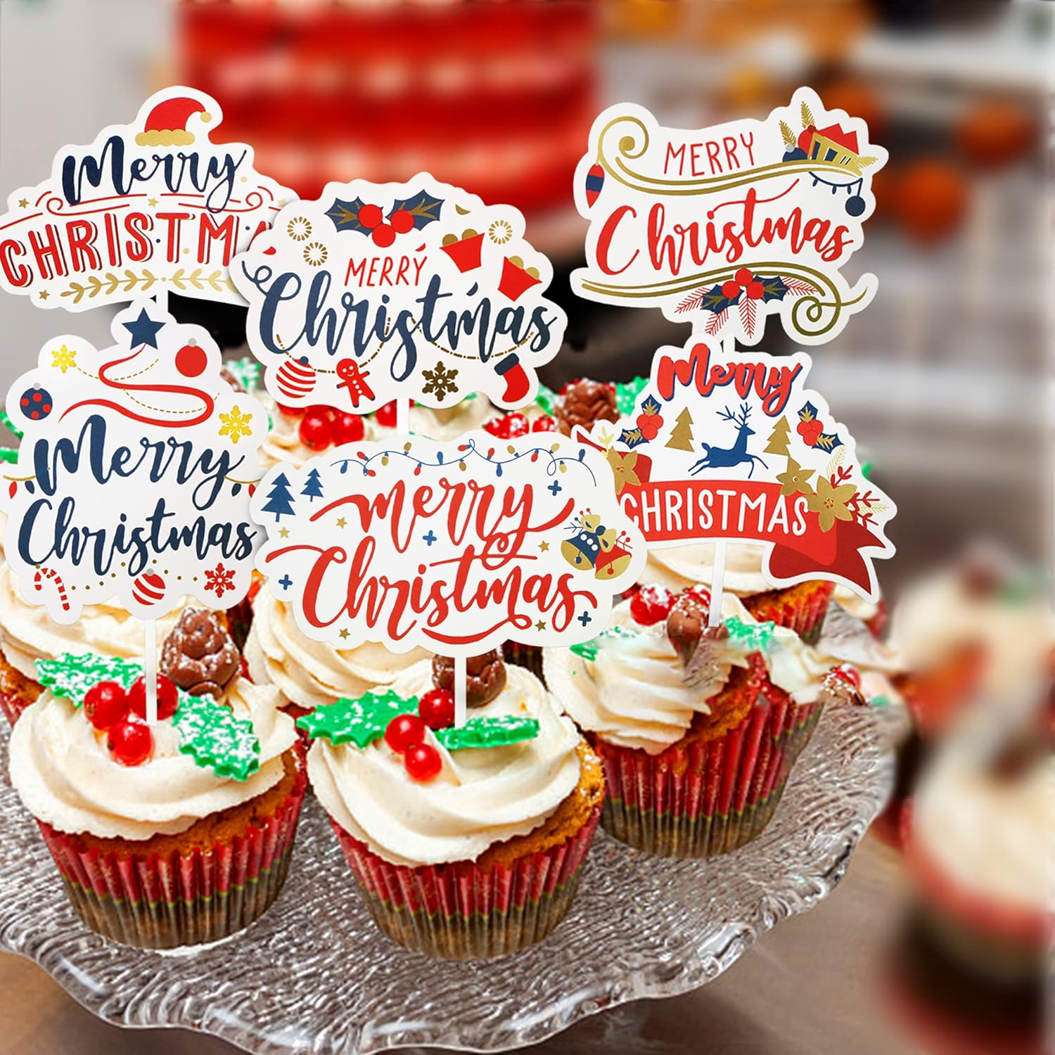 12Pc Red Christmas Cake Toppers Xmas Sweet Holiday Cupcake Toppers for Santa Tree Snowman Sock Candy Theme Party Cake Toppers Christmas Party Supplies
