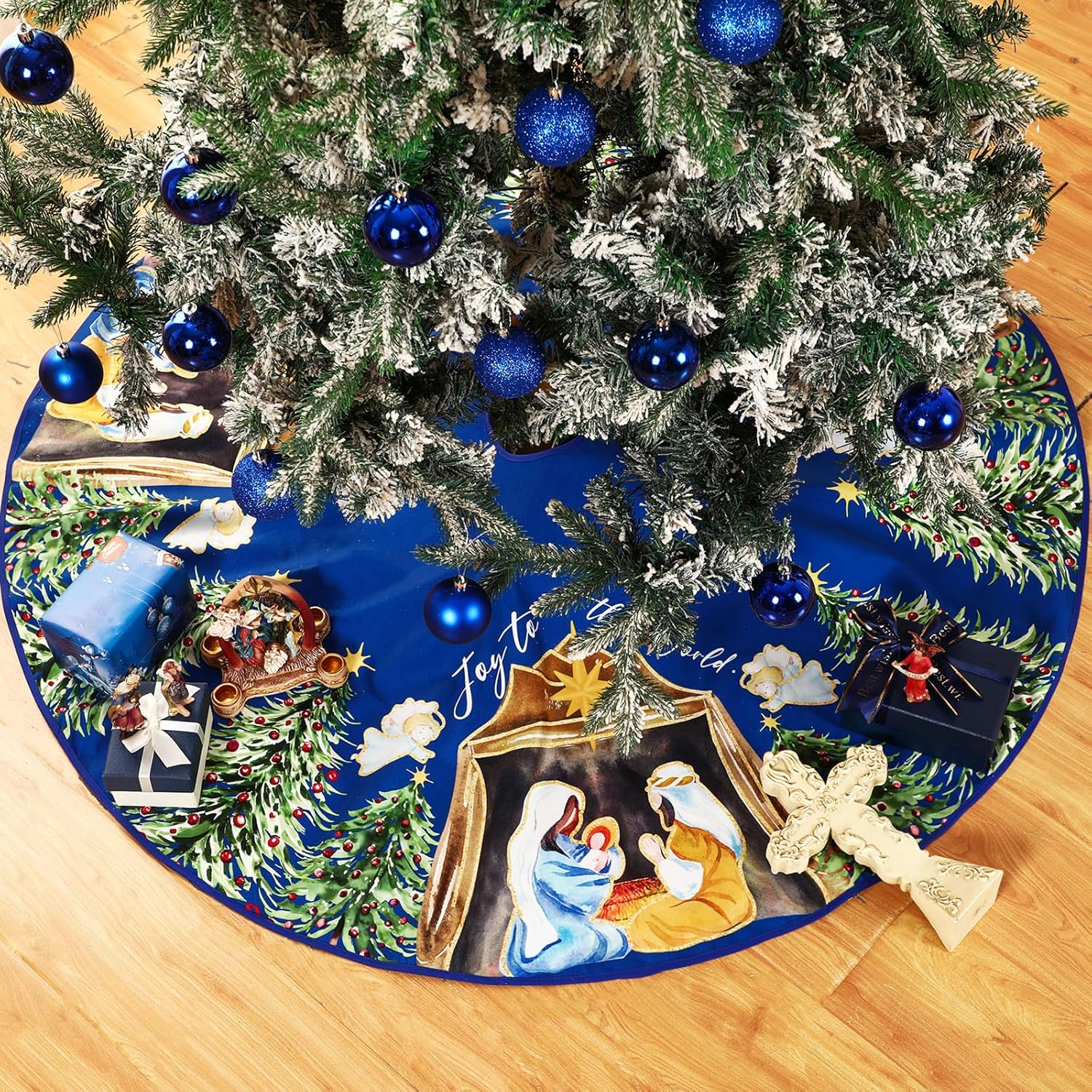 Nativity Christmas Tree Skirt Joy to the World Winter Tree Mat Nativity Scene Decorative Tree Skirt Farmhouse Xmas Ornaments Rustic Vintage Christmas Decor for Holiday Party(Blue,48 Inch)
