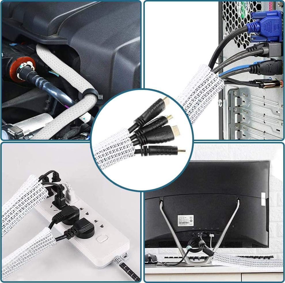 6.6Ft - 1/2 Inch Braided Cable Sleeve, Cord Wrap Cord Protector Tubing for Pets, PC Cable Wrap Wire Loom, Cable Management Sleeve for Tv/Computer/Home Theater/Engine Bay (6.6Ft-1/2In-White) image number 4