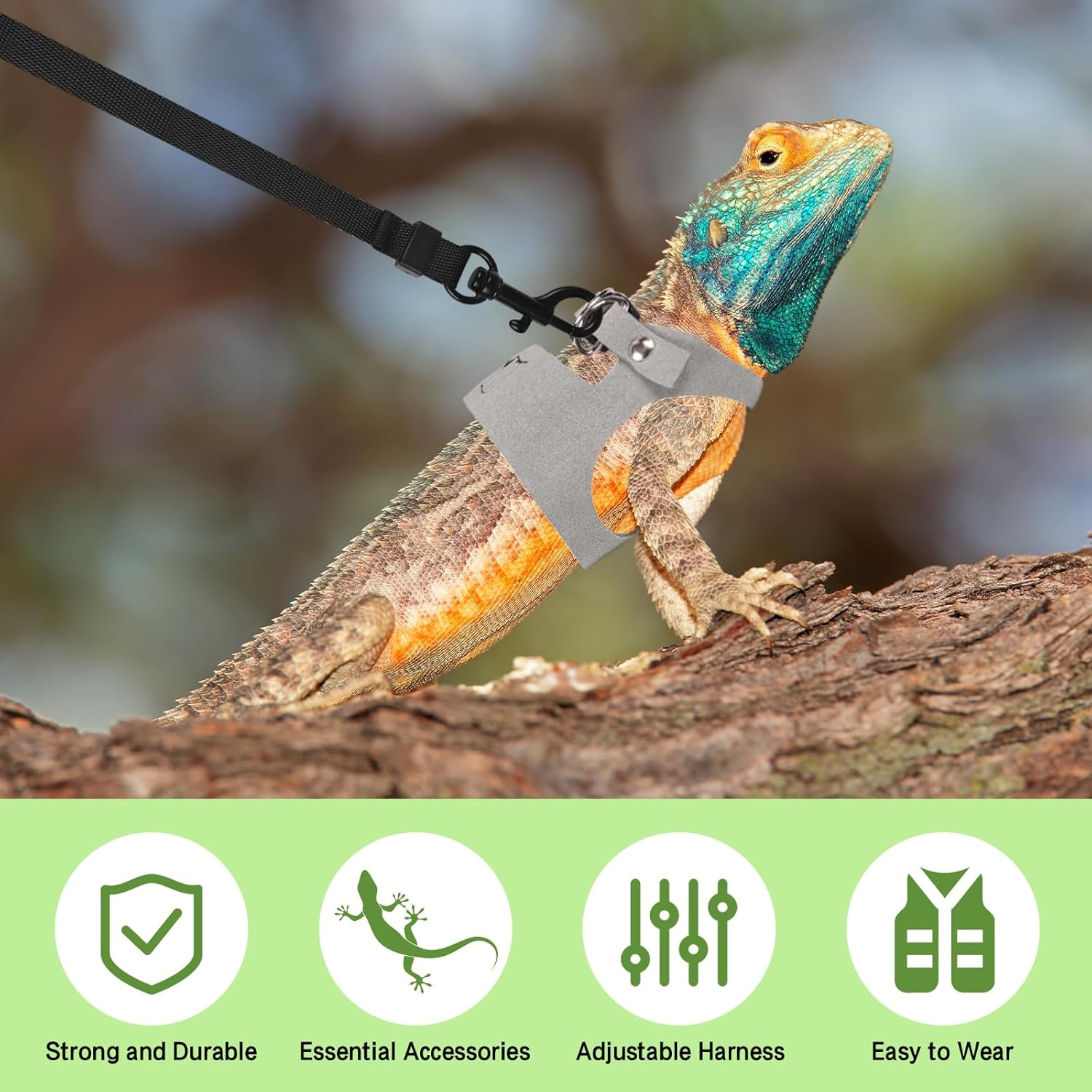 Fnaobai Bearded Dragon Harness Leash Set 3 Size Adjustable Lizards Training Walking Leather Vest Escape-Proof Traction Rope for Outdoor Small Reptiles Animal Squirrels (Grey) - Blue image number 2