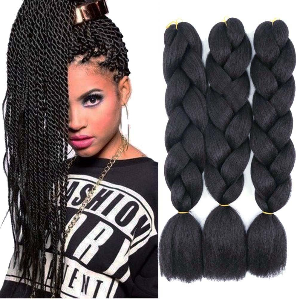 Original Jumbo Braids Hair Extension 3Pcs Pure Black Color 24Inch 100G/Pc for Twist Box Braiding Hair (1B Black)