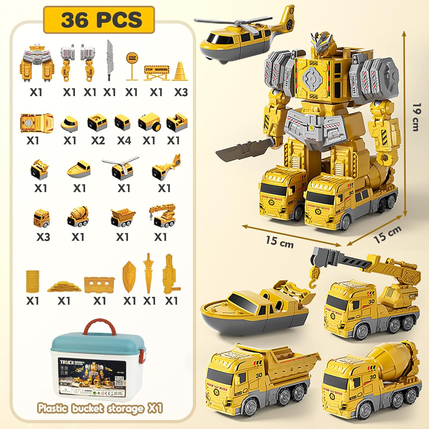 PELOSTA Toddler Magnetic Construction Vehicles Set, 5 PCS Transforming Robot with Storage Box,5 in 1 DIY Assembly Magnetic Engineer Toys,Stem Gifts Building Blocks for Boys Girls Age 3-8(36PCS)