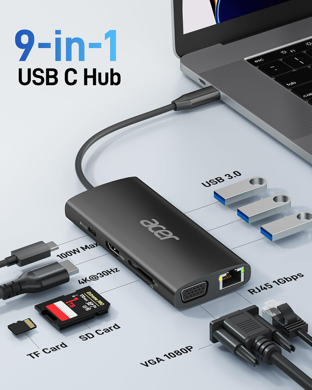 Acer USB C Docking Station Dual Monitor,9-In-1 USB C Hub with 4K Hdmi,Vga,Gigabit Ethernet,100W PD Charging,3 USB-A Data Ports,Sd/Tf Card Reader for Pc,Laptop,Macbook Air/Pro,Ipad image number 1