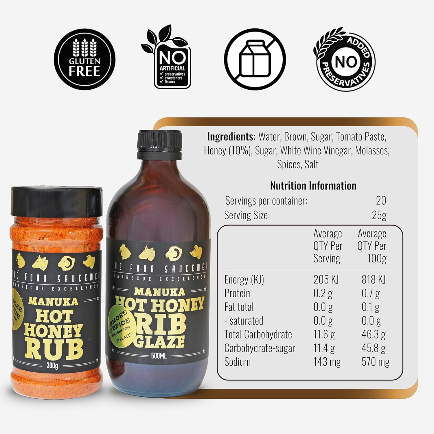 The Four Saucemen New Manuka Hot Honey BBQ Pack - Award-Winning Rib Glaze 500Ml & Rub 300G Shaker Jar Combo for Chicken & Pork image number 3