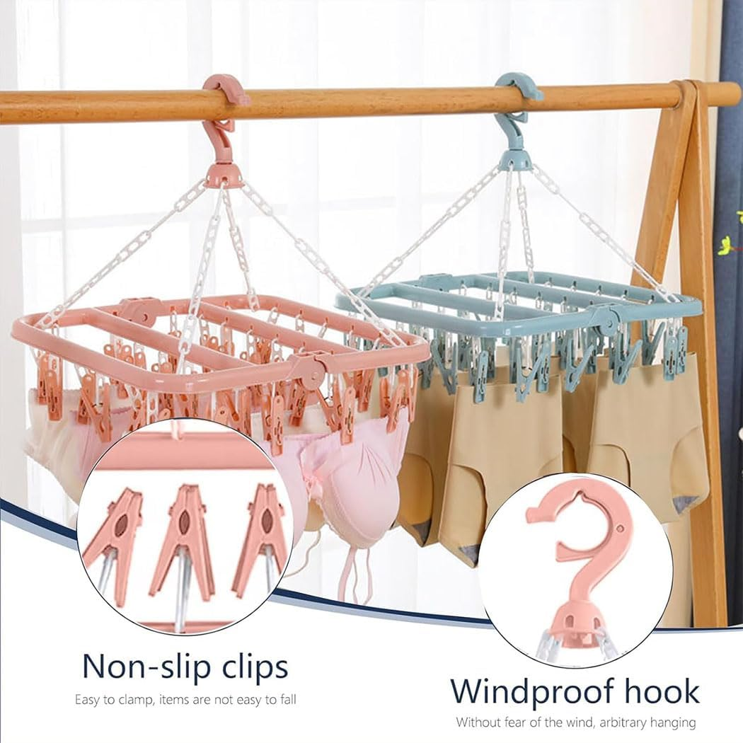 Idopick 2 Pack Clothes Hanger Drying Rack with 32 Clips, Plastic Clothes Drying Hanger and Drip Foldable Hanging Rack Windproof Pegs Hook for Drying/Socks/Underwear/Clothes/Towels (Pink) image number 4
