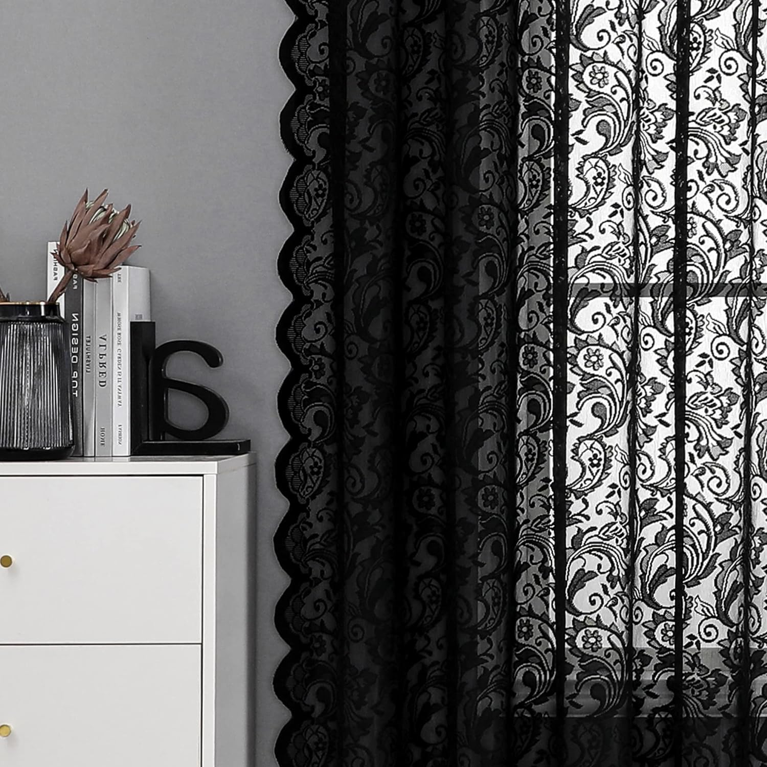 Bujasso Black Sheer Lace Curtains 84 Inch Vintage Floral Sheer Gothic Curtain Panels for Living Room Bedroom Luxury Light Filtering Drapes Black Window Treatment Sets Rod Pocket 2 Panels 54" Wx84 L image number 1