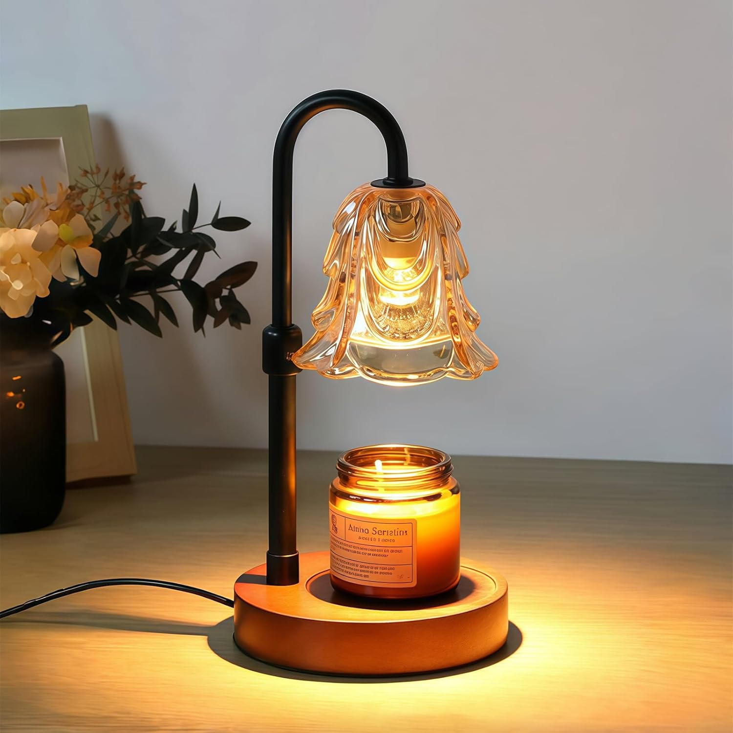Candle Warmer Lamp with Timer and Dimmer, Adjustable Height Vintage Wax Warmer - Halogen Bulb, Retro Wood Base & Glass Shade, Elegant Table Lamp for Home Bedroom Office Decor image number 1