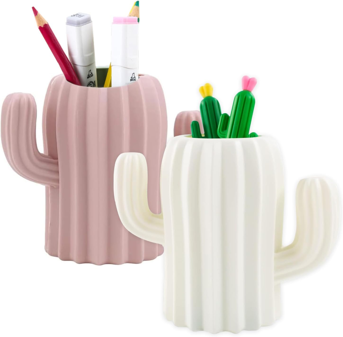 2 Pieces Pen Pencil Pot Holder, Stationery Storage Pen Container, Makeup Brush Holder, Creative Funny Cactus Shape Desk Pen Holder Stand for Desk, Office Supplies, Vanity Table (White, Green)