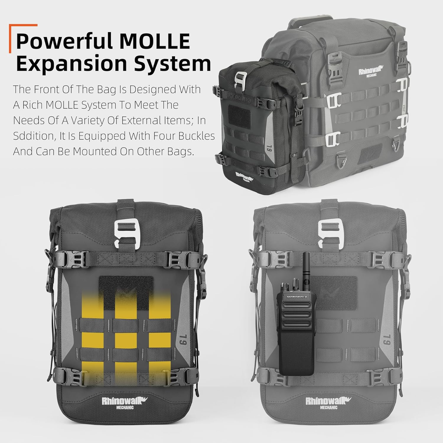 Rhinowalk Motorcycle Front Bumper Bag Tail Bag Motorbike Side Bag 6L Waterproof Motorcycle Saddle Pannier Bag with MOLLE System Professional Motor Accessories-Black image number 2