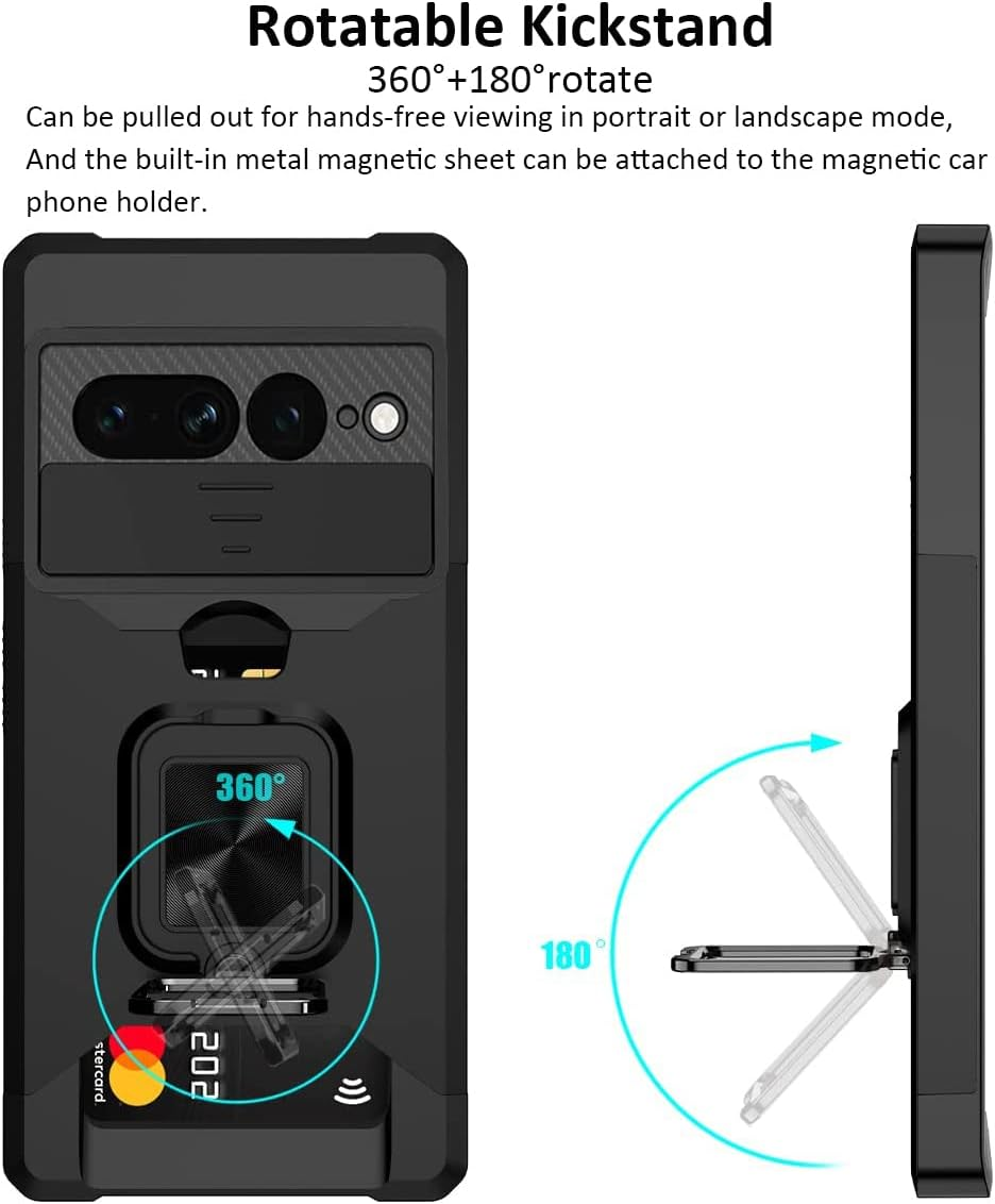 For Google Pixel 7 Pro Case with [Card Holder Slot][Stand Kickstand Ring][Sliding Window] Tough Slim Heavy Duty Defender Armor Shockproof Military Grade Dual Layer Pixel 7 Pro Case Cover