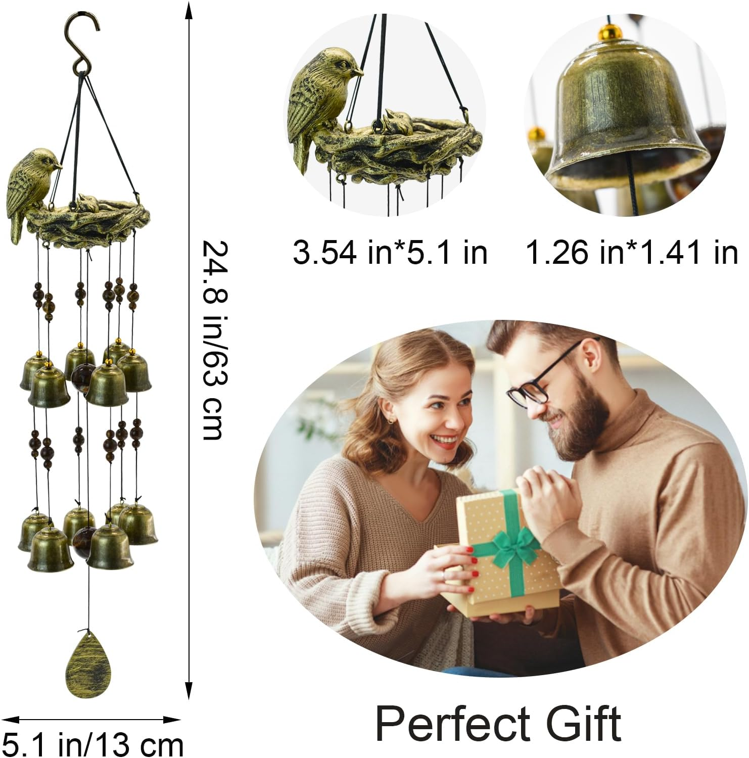 Mrmrkura Bird Nest Wind Chime, Bird Windchimes with 12 Bells for Glory Mothers Love Gift Decorative Hanging Bells for Outdoor Garden Backyard Home Decor image number 6