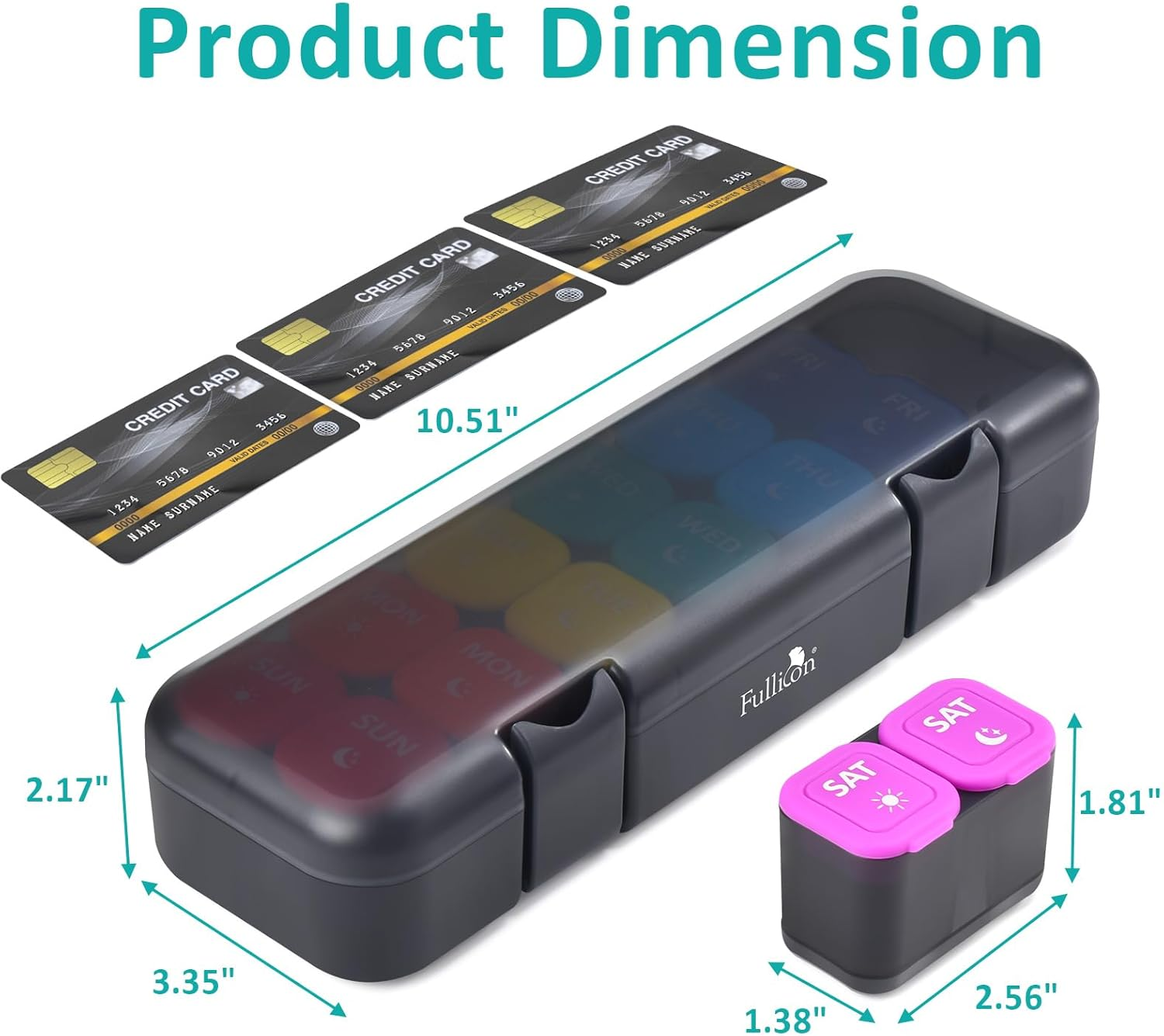 Fullicon Moisture-Proof Pill Organizer 2 Times a Day, Weekly Pill Boxes & Organiser with Silicone Lids, Large Capacity AM PM Pill Organizer 7 Day, Travel Pill Case for Vitamins (Black Rainbow) image number 3