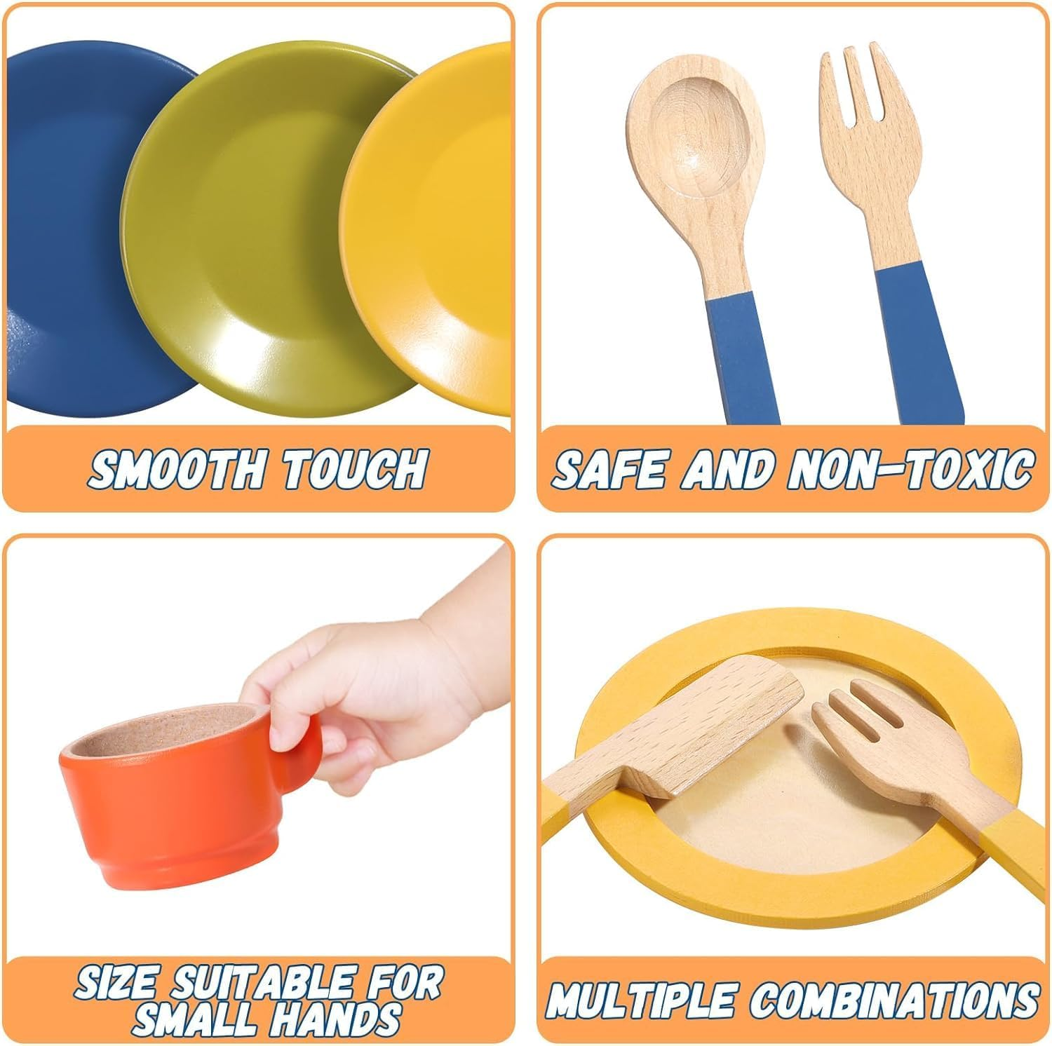 XICEN Wooden Dish Set for Kids, Play Dishes for Kids Kitchen, Wood Plates Set for Toddler, Montessori Wooden Kitchen Toys Accessories image number 2