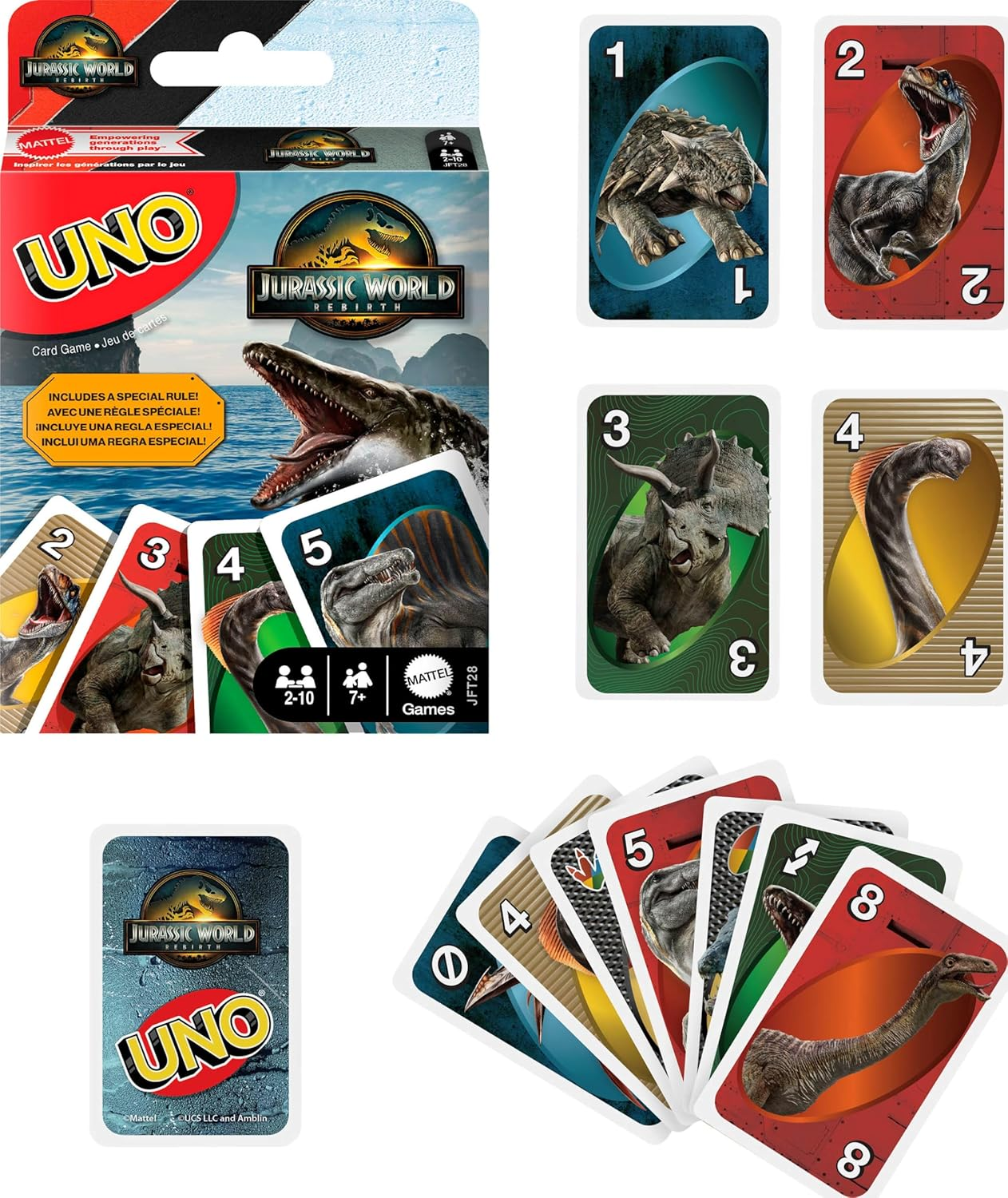 Mattel Games UNO Jurassic World Rebirth Cards for Kids, Family & Adult Games Nights, Deck with Special Rule & Images Inspired by the Movie image number 4
