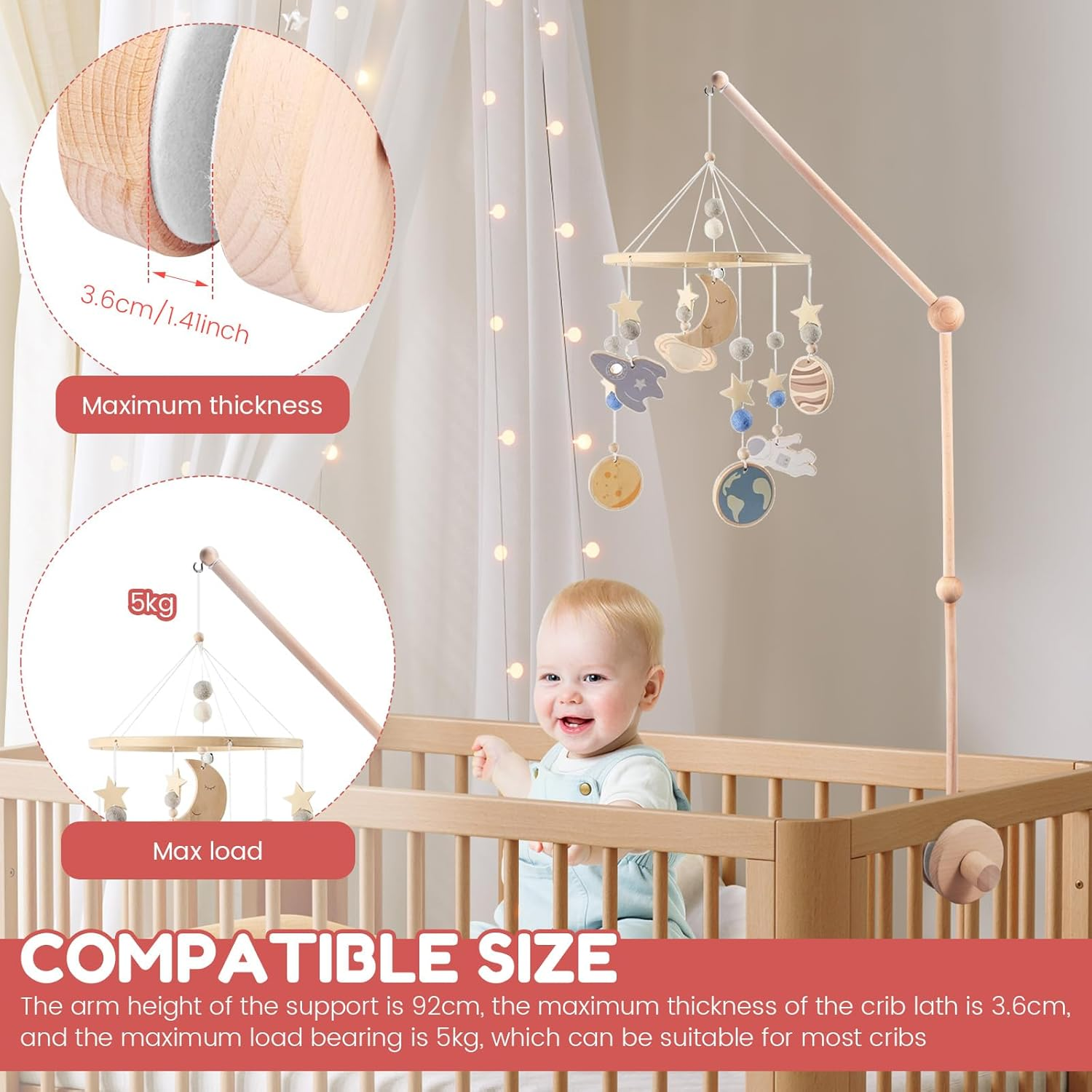 Crib Mobile Stand with Fixed Screw, Premium Smooth Wood Burr Free Widened Base Detachable Stand, with 360&deg; Rotatable Top, Baby Crib Mobile Arm for Home