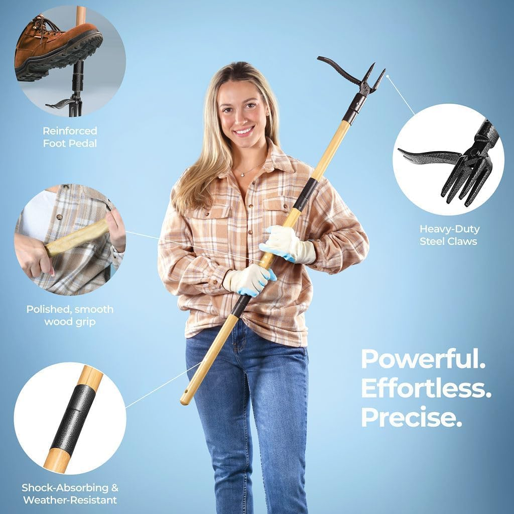 APEXORIGIN Weed Puller Tool, 1.1M Stand up Heavy Duty Weed Remover Tool with Long Handle, Foot Platform Design - 4 Claw Steel Head Weeder Tool, Bamboo Garden Hand Weeding Tool (Black)