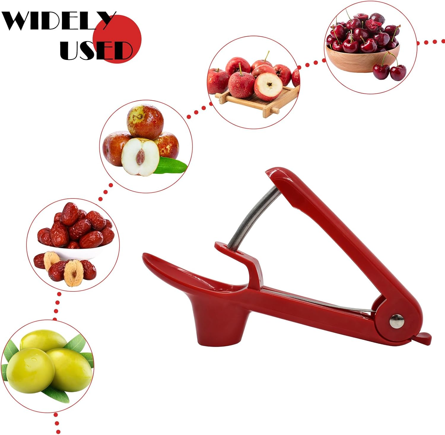 Cherry Pitter Tool, Olive Pitter and Fruit Pit Corer Remover Tool, Portable Kitchen Tool with Space-Saving Lock Design for Making Jam (Red) image number 1