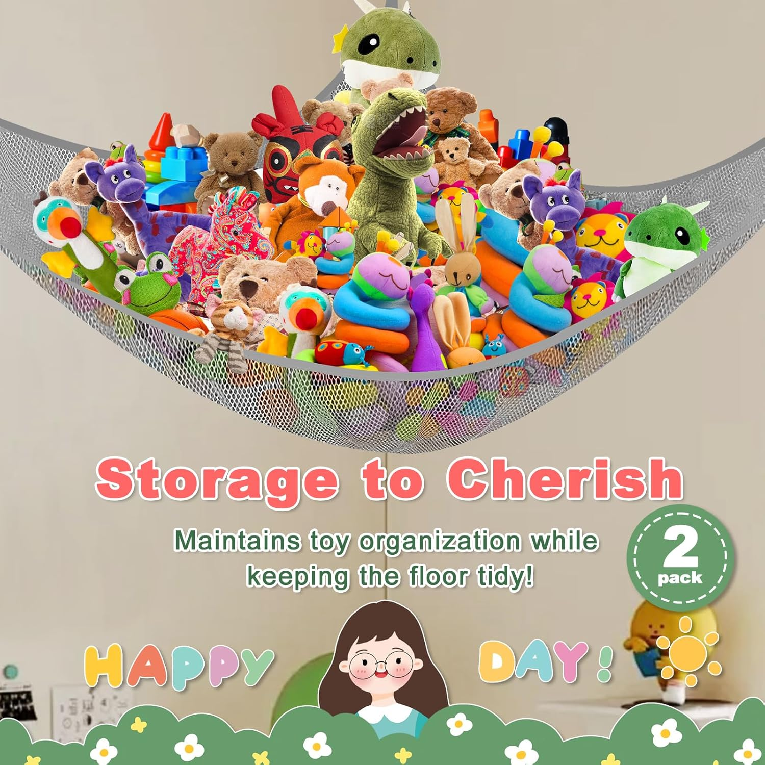 VERONLY 2 Pack Stuffed Animal Toy Storage Net Hammock Corner, Large Kids Toy Holder Hanging Organiser Net for Teddy Bear, Doll, Kids Bedroom, Playroom, Nursery Room (Grey) - Pink image number 5