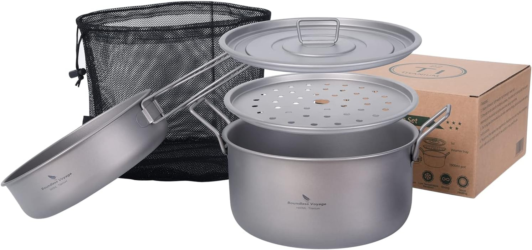 Boundless Voyage Titanium 1.9L Pot with 900Ml Frying Pan Set with Lid Multifunctional Steamer Stockpot Outdoor Camping Picnic Ti2057C image number 4