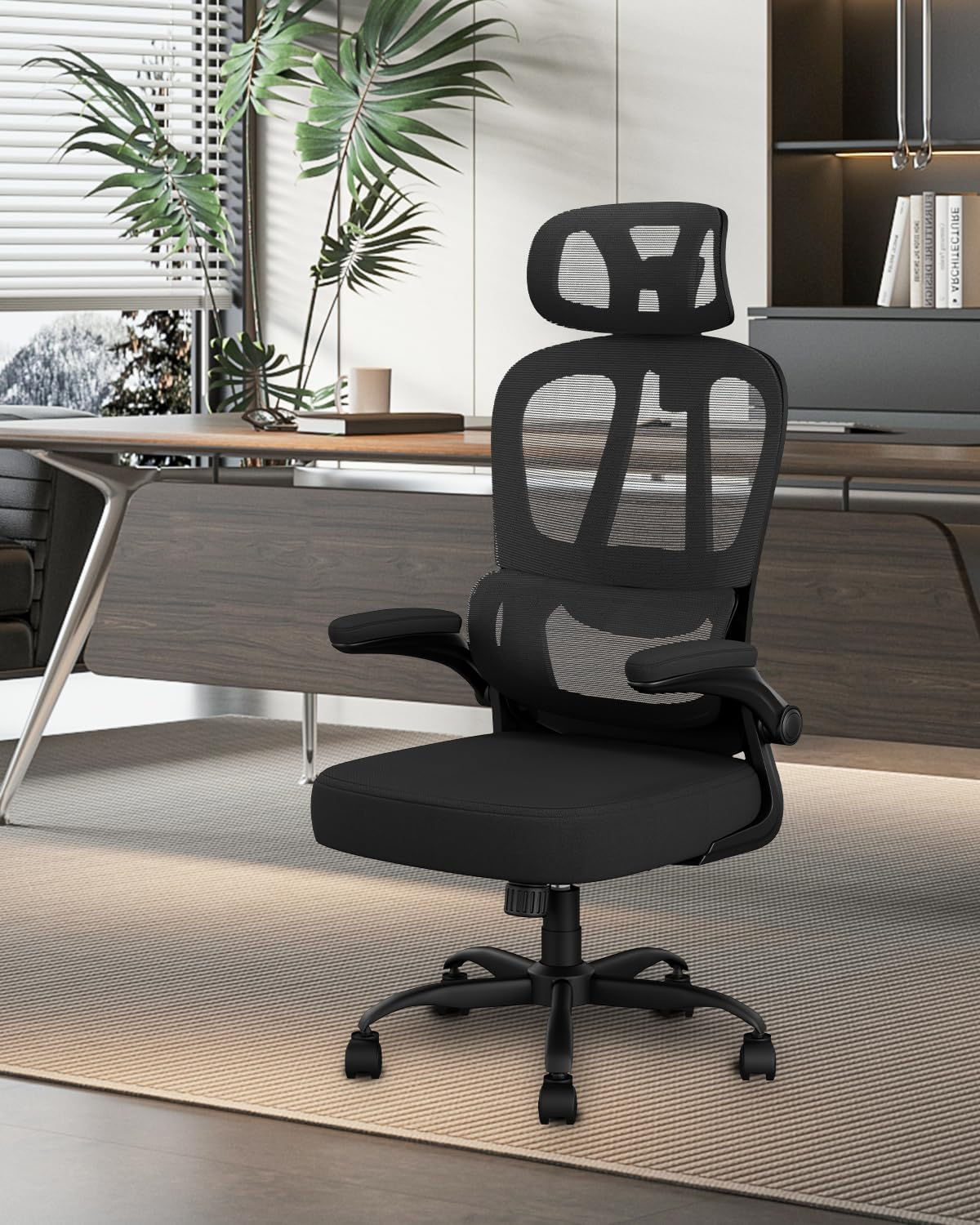 Office Chair, Ergonomic Office Chairs, Flip-Up Desk Chair for Adults, Mesh Computer Chair with Lumbar Support & Adjustable Headrest, High Back Home Office Task Chairs, Comfy, Study, All Black image number 2