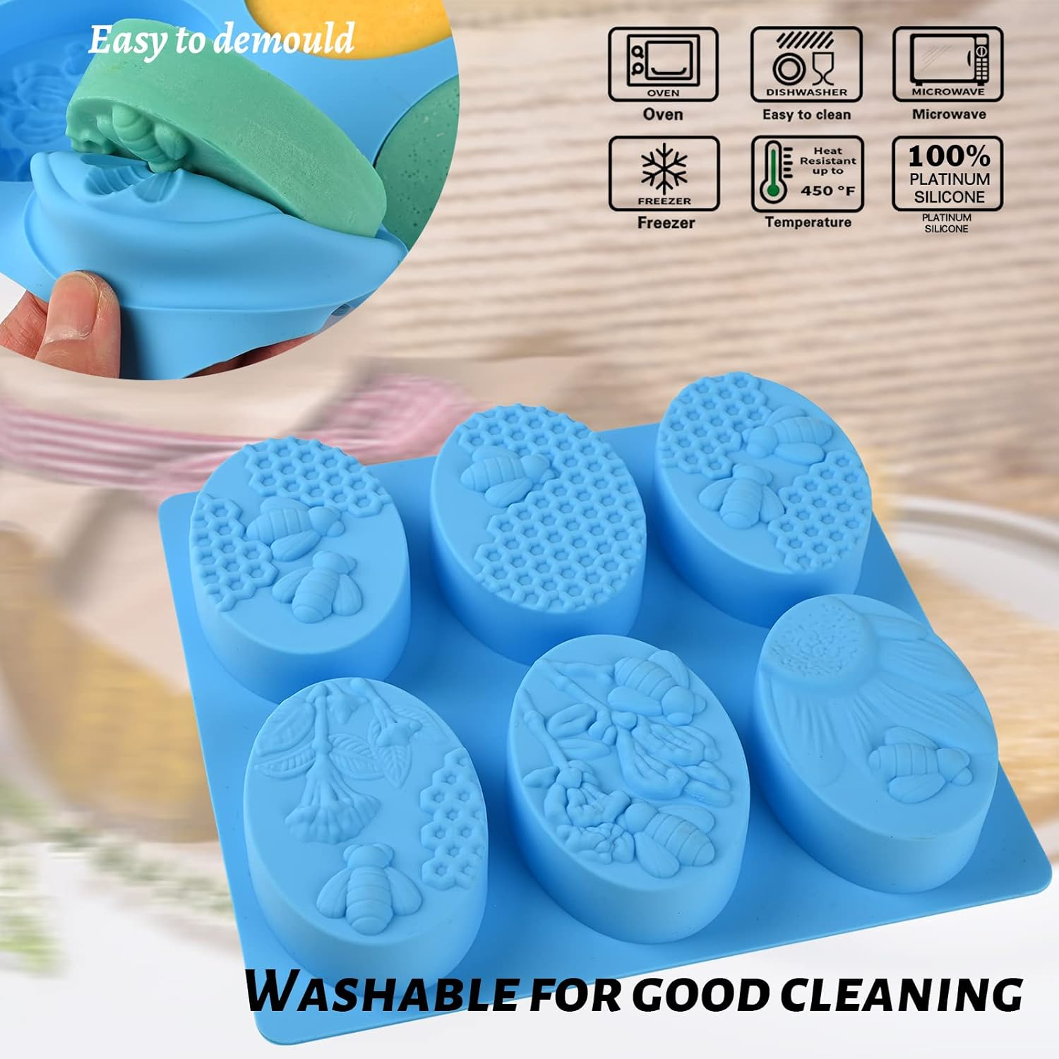 Sakolla 2 Pack 6 Cavity Bee Silicone Soap Molds Rectangle Oval Honeycomb Silicone Molds Loaf Handmade Molds for Soap Making Supplies DIY Wax Melts, Beeswax, Cake Chocolate Bakeware image number 1
