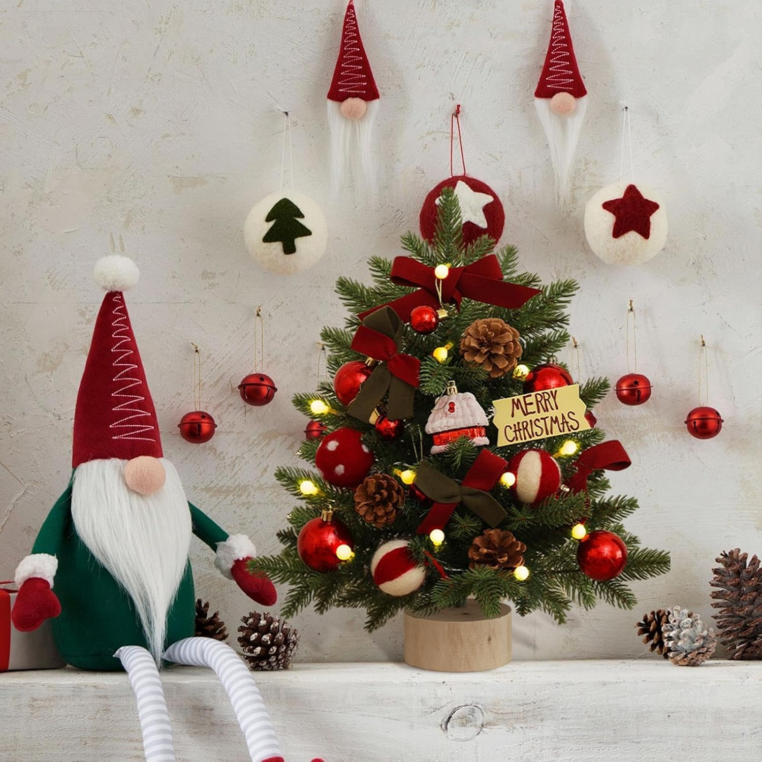 Generic Desk Christmas Tree | 18 Inch Artificial Pine Tabletop Tree with Lights, 17.72In (H) X 4.92In (W) X 12.5Cm (D), White Lights, Perfect for Home, Study, Bedroom & Living Room image number 1