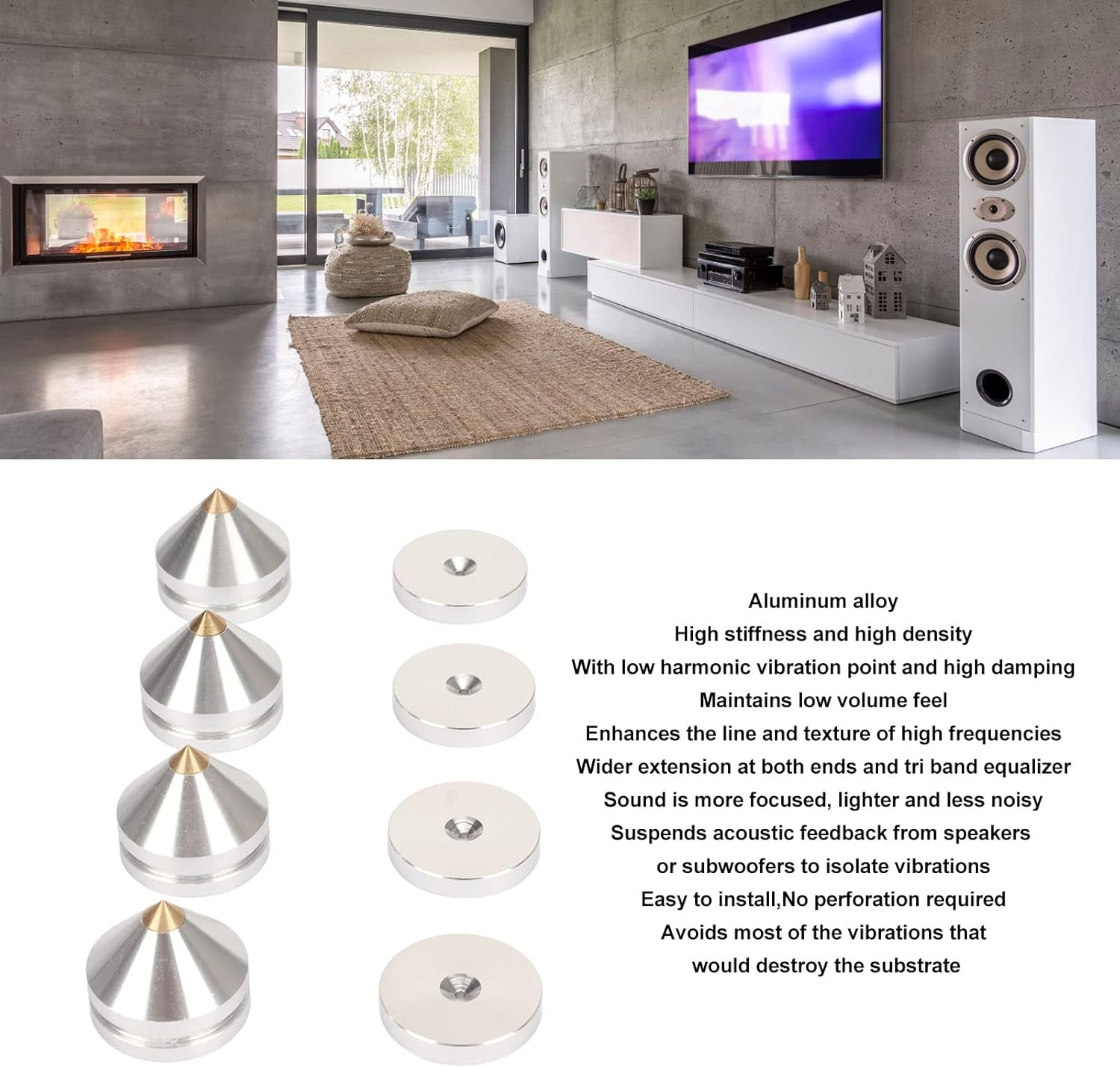 4 Pcs Aluminum Speaker Spike and Speaker Isolation Feet, Turntable Isolation Platform, Subwoofer Isolation Pad Feet Amplifier Feet DAC Feet Pad Stand, Foot Mat Shock Absorber for Amps Silver - Silver image number 6
