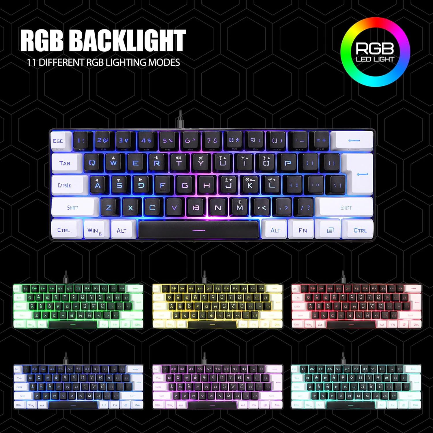 Keyboard Mini 60% Small Gaming Keyboard, RGB Backlit 61 Keys, Ergonomic Mechanical Feeling Wired Gaming Keyboard for Gaming and Working (Black) - White image number 5
