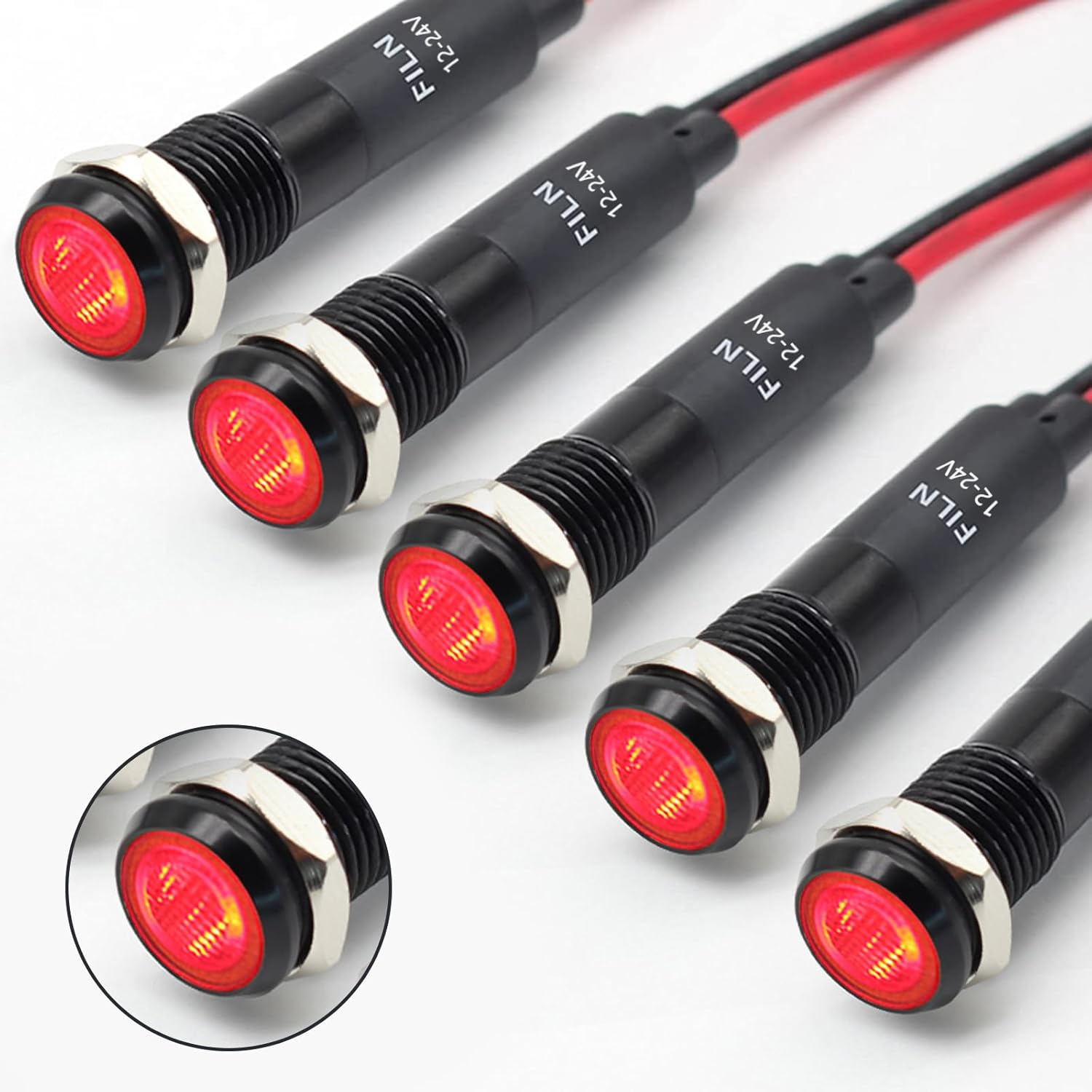 LED Indicator Light 5Pcs 8MM (5/16'') 12V 24V Metal Pilot Lamp Black Anodized Waterproof Ip67 Red Signal Lamp(Red)