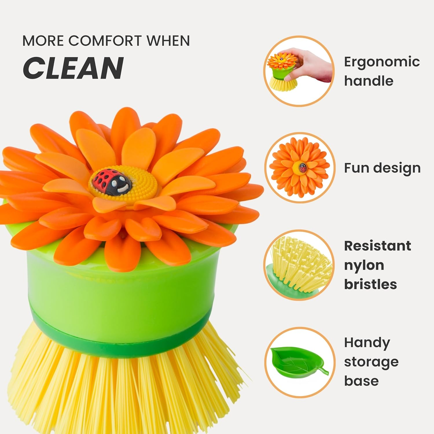 Vigar Flower Power Palm Dish Brush with Holder, Orange (2 Pieces) image number 3