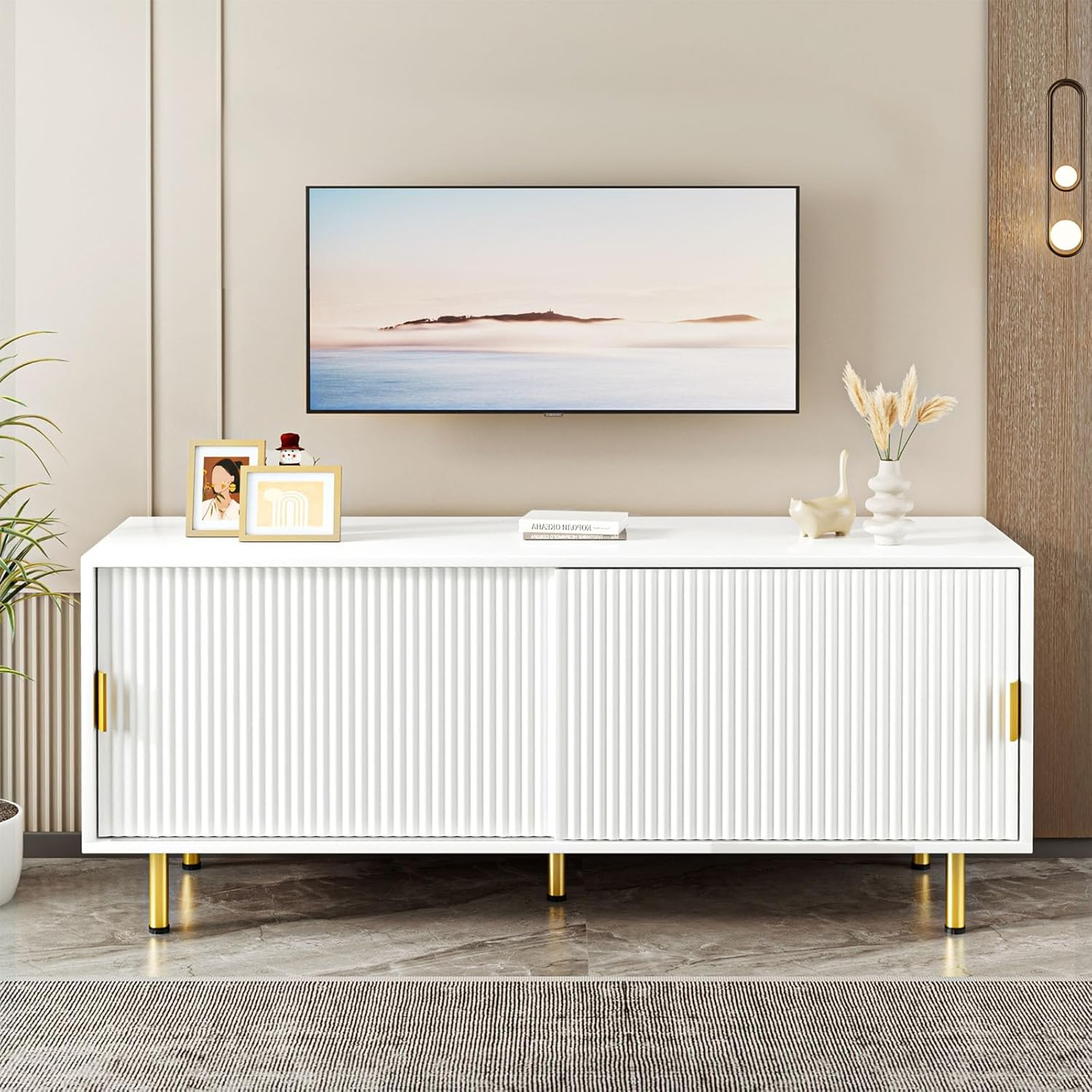 Levede TV Cabinet, 120Cm Entertainment Center TV Unit Stand with 2 Sliding Door, TV Console Table with 2 Storage Cabinets, Media Cabinet for Living Room, Bedroom and Office,Gold Leg, Handle,White image number 6